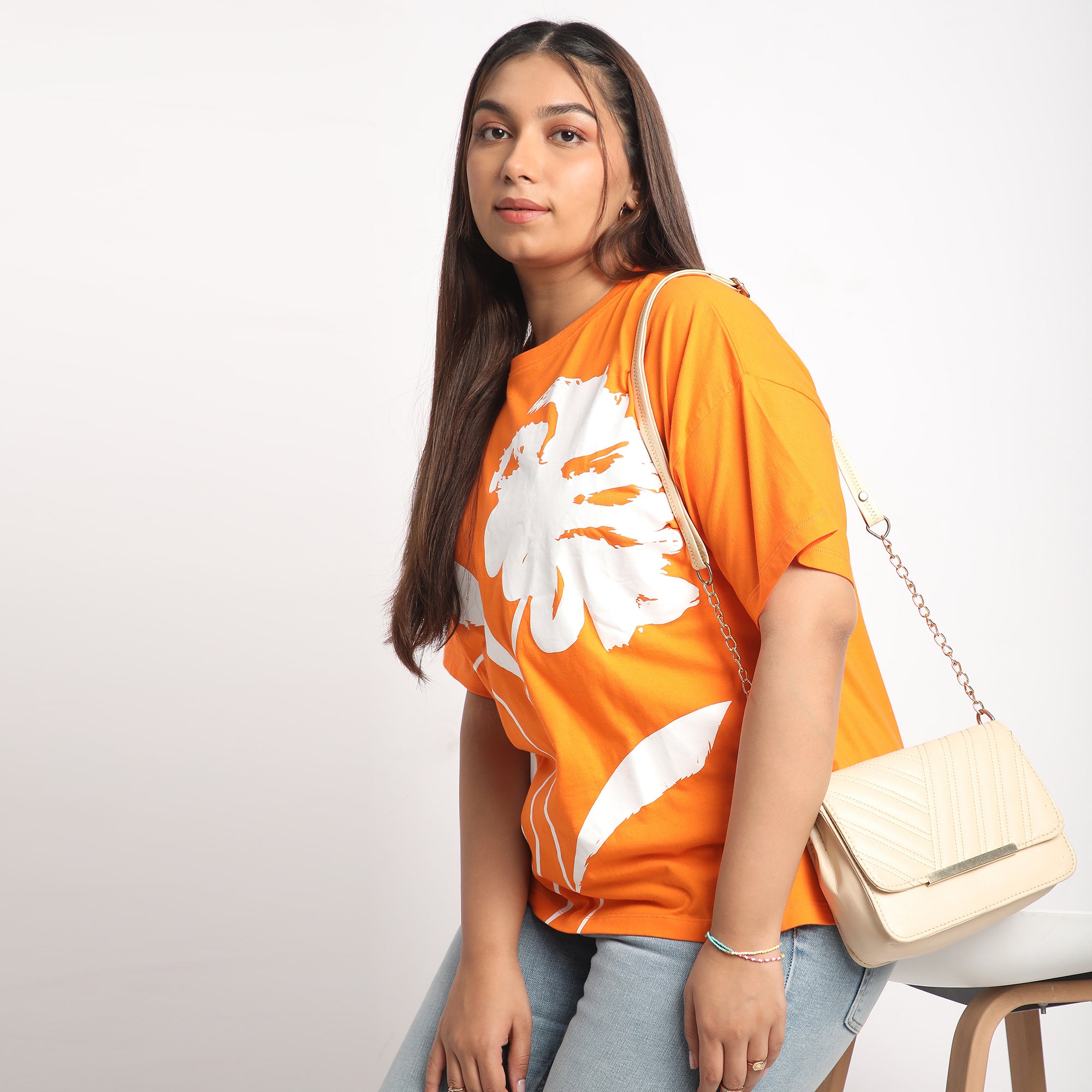 Orange Flower Chest Print Cotton Tee
