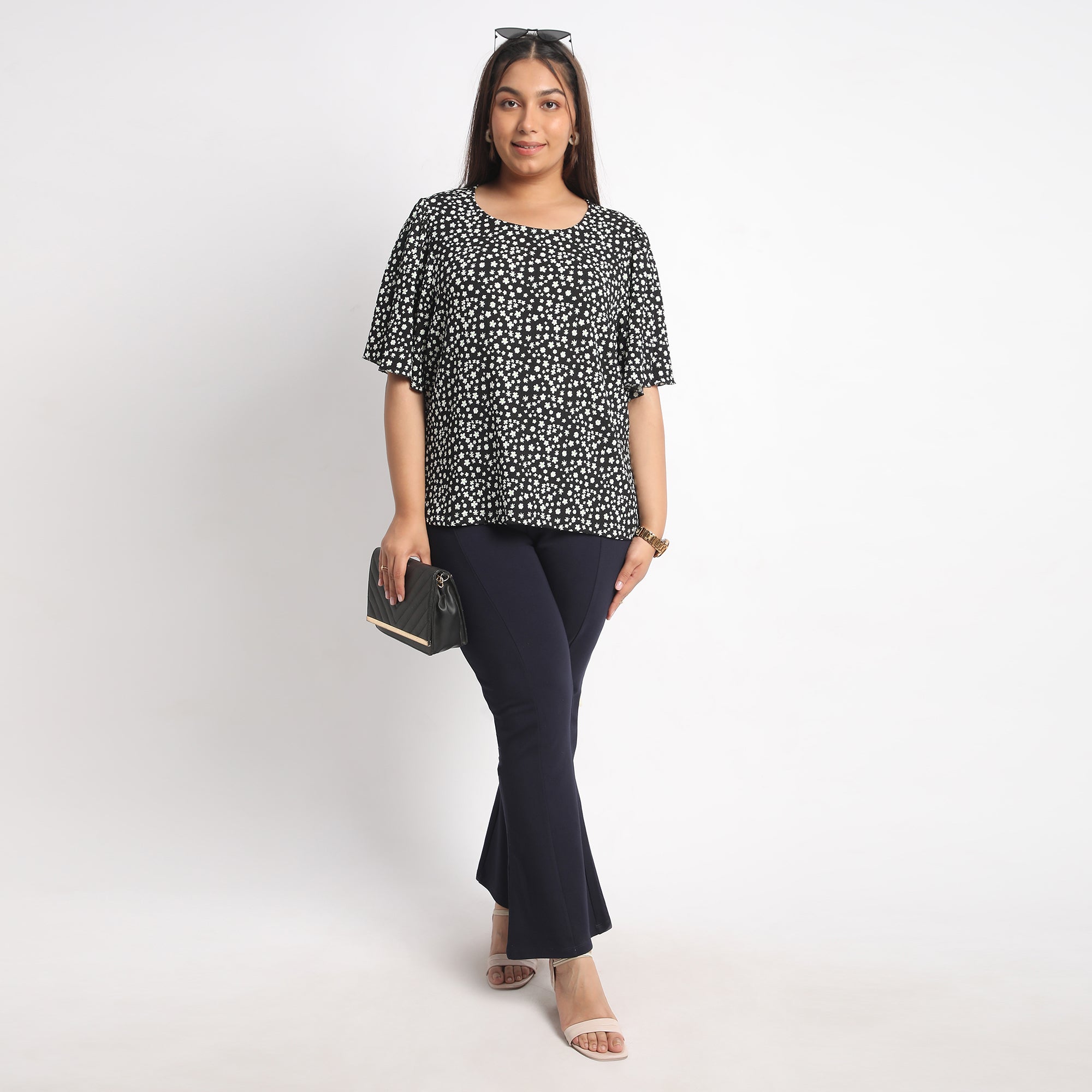 Black Floral Bell Sleeves Textured Top