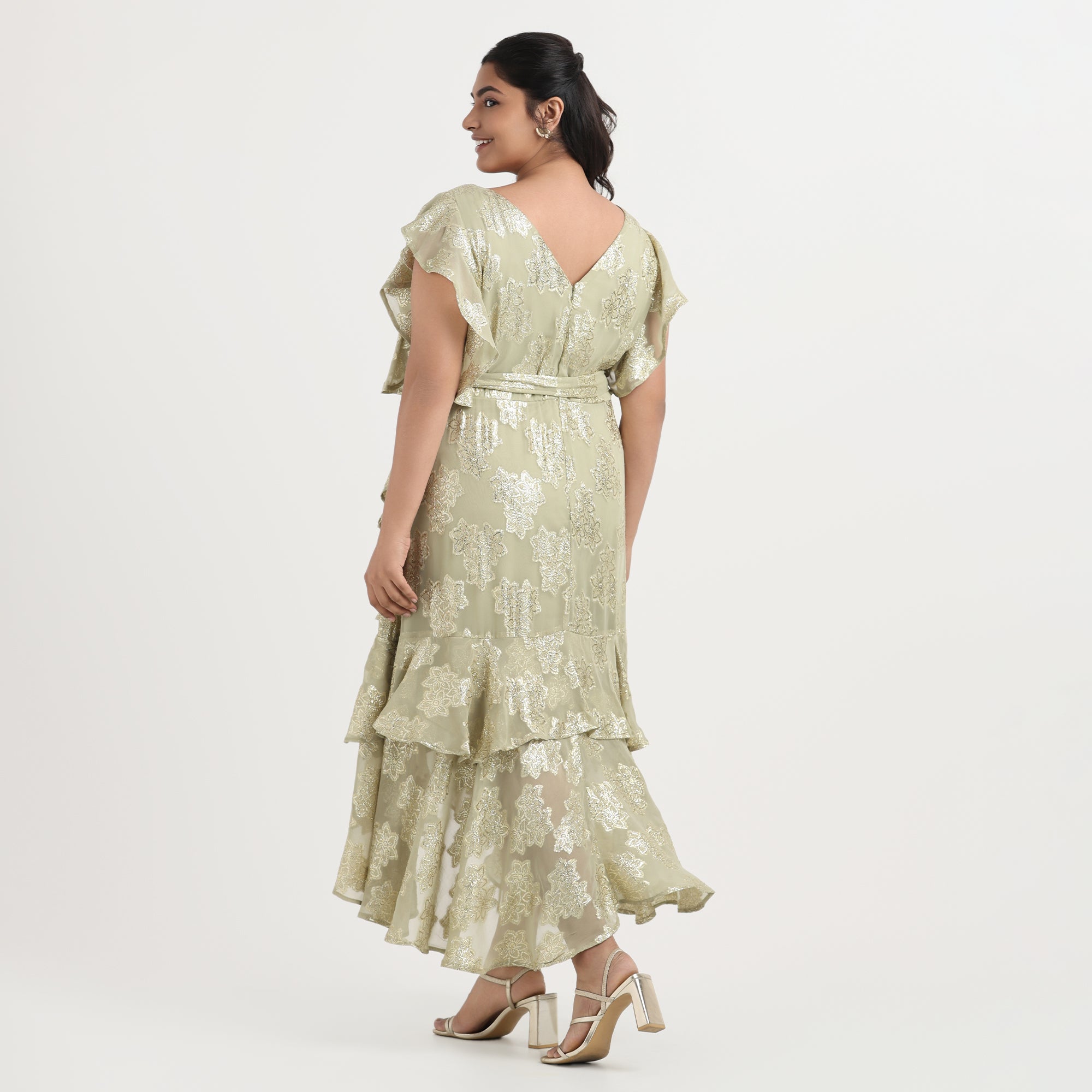 Burnout lurex ruffle dress, textured plus size dress