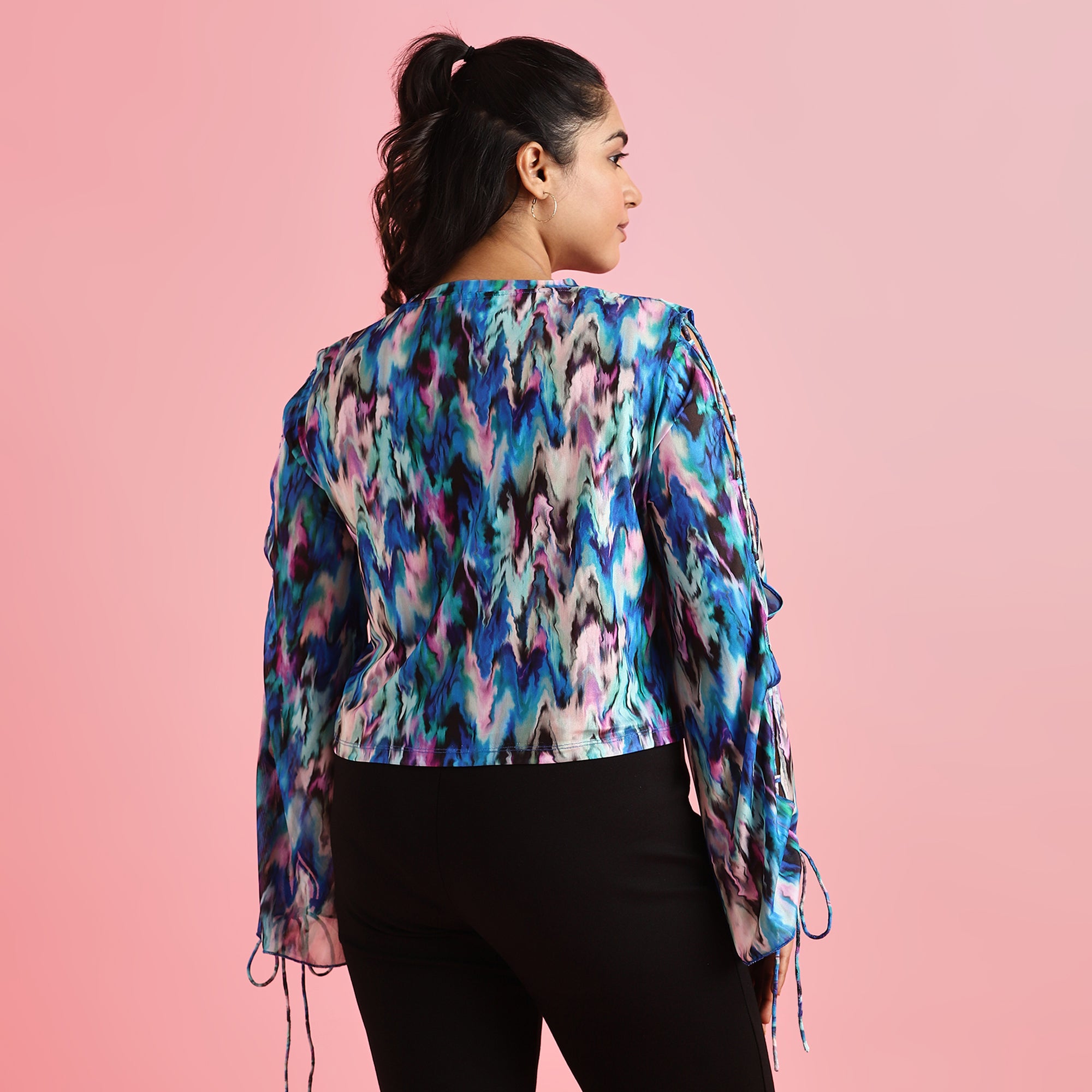 Blue Printed Crisscross Sleeves Mesh Top