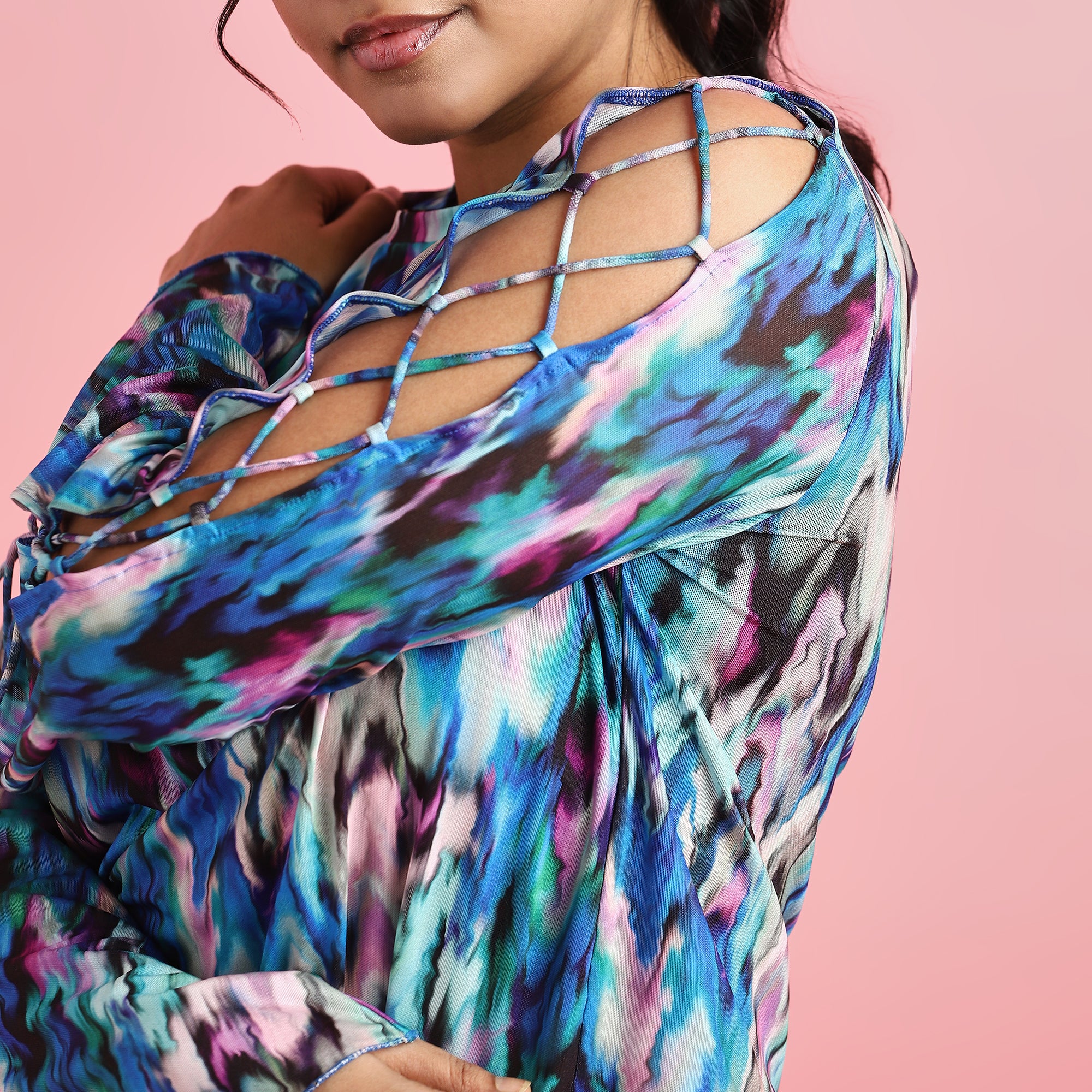 Blue Printed Crisscross Sleeves Mesh Top