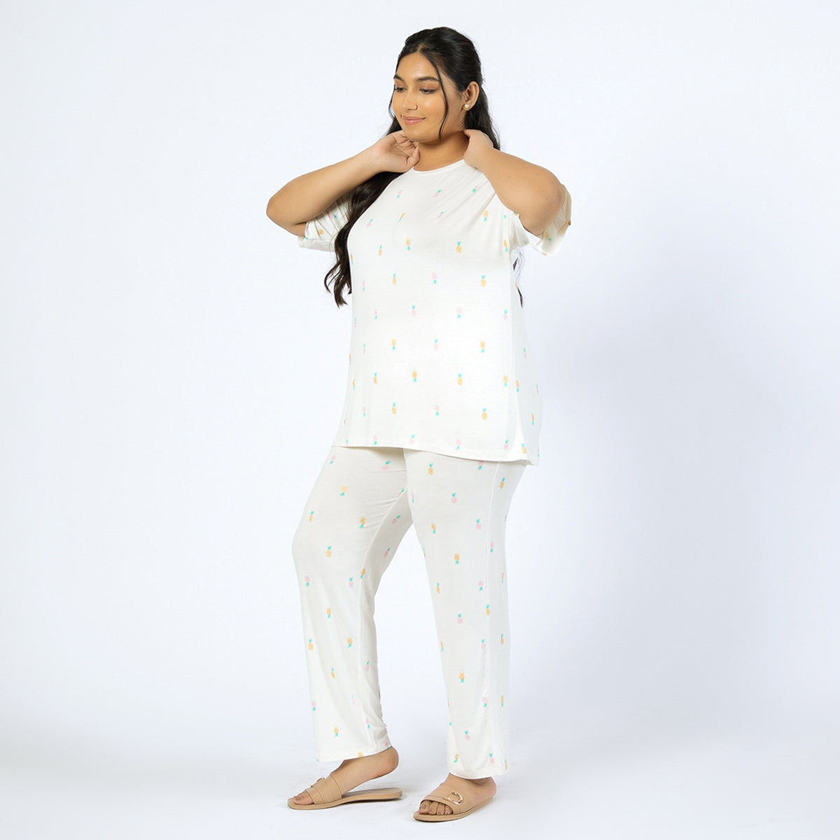 Plus-Size Off-White Printed Viscose Jersey PJ Set by CALAE Sizes Available L to 5XL