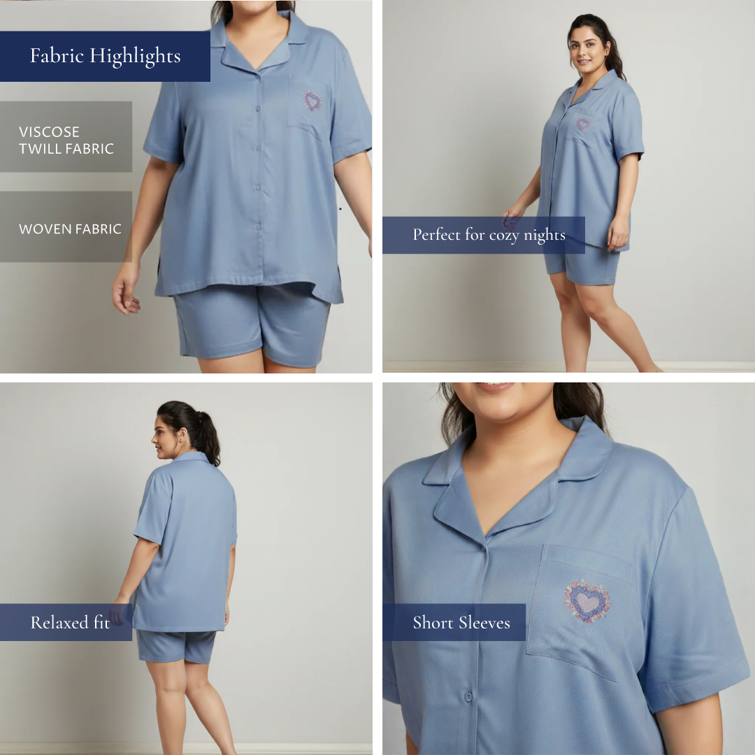 Blue Solid Short Sleeve Rayon Nightwear Set