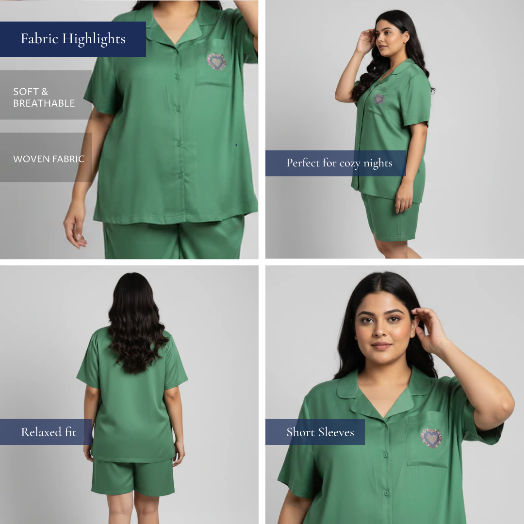 Green Solid Short Sleeve Rayon Nightwear Set