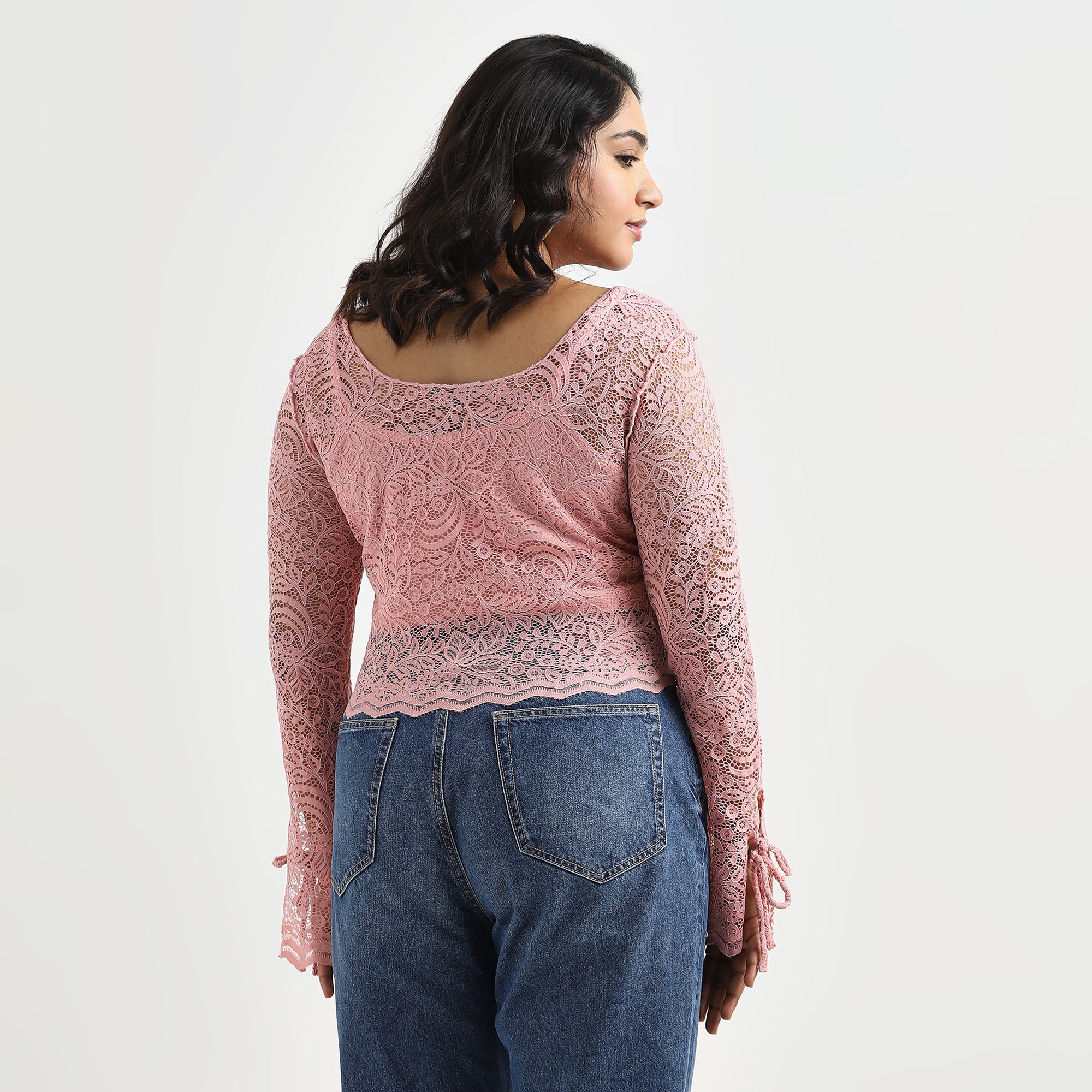 Peach Full-Sleeve Tie-Up Lace Crop Top