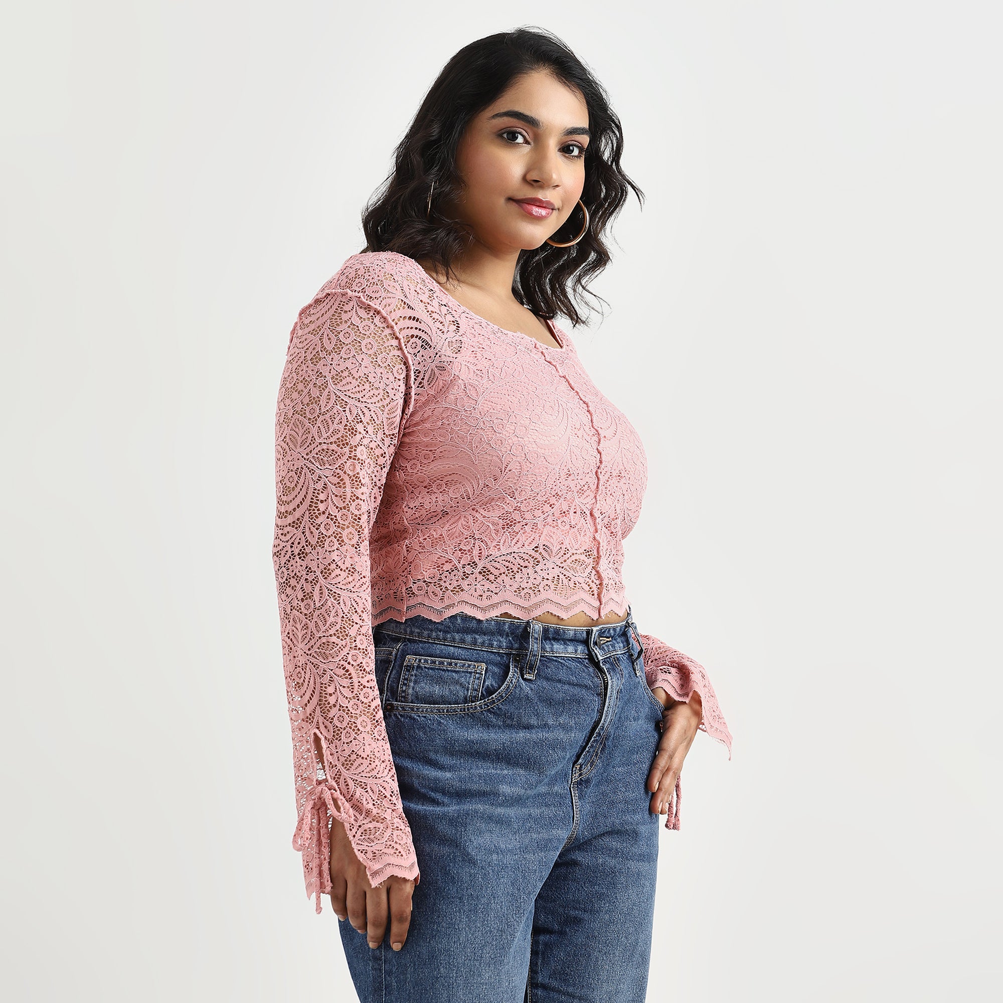Peach Full-Sleeve Tie-Up Lace Crop Top
