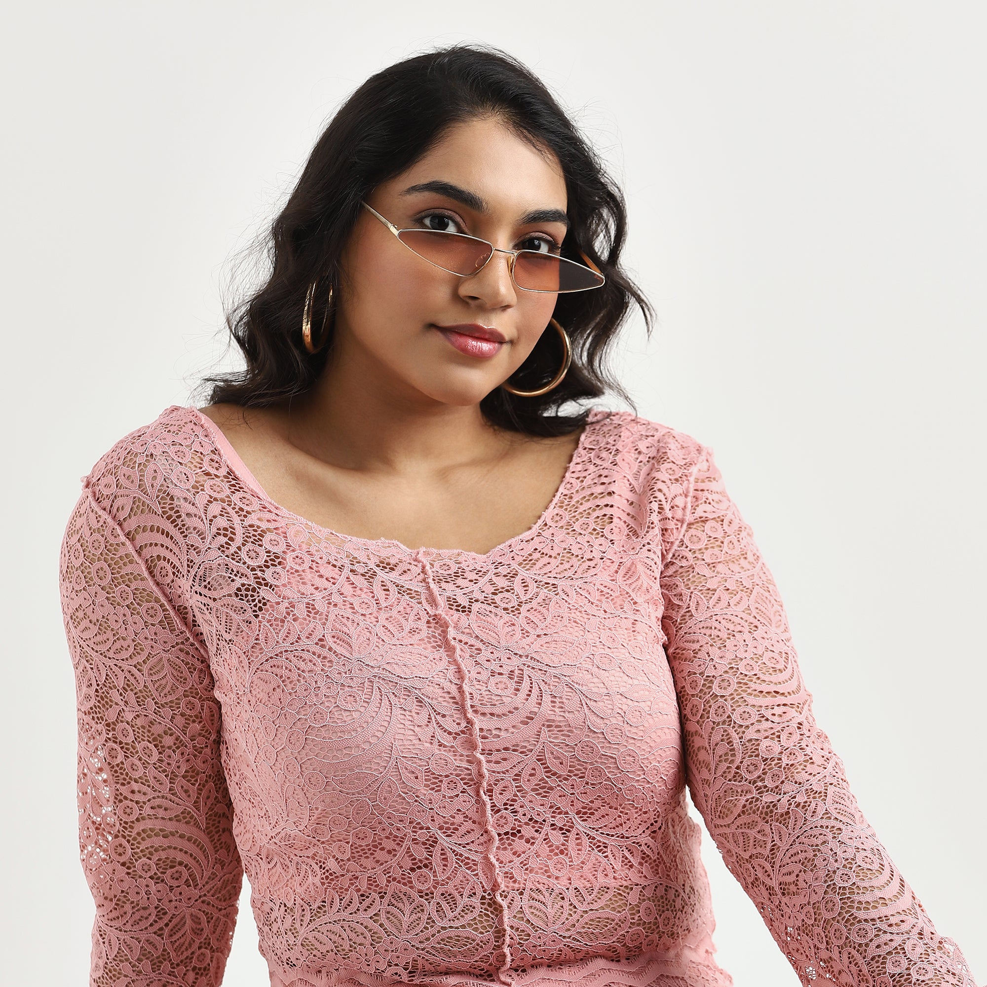 Peach Full-Sleeve Tie-Up Lace Crop Top