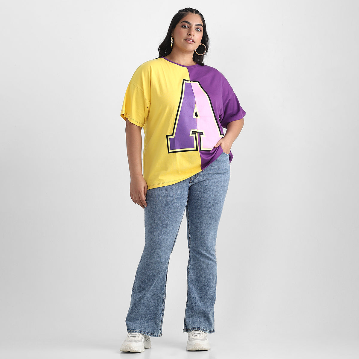 Purple-Yellow Color Block Plus Size Chest Print Cotton Tee