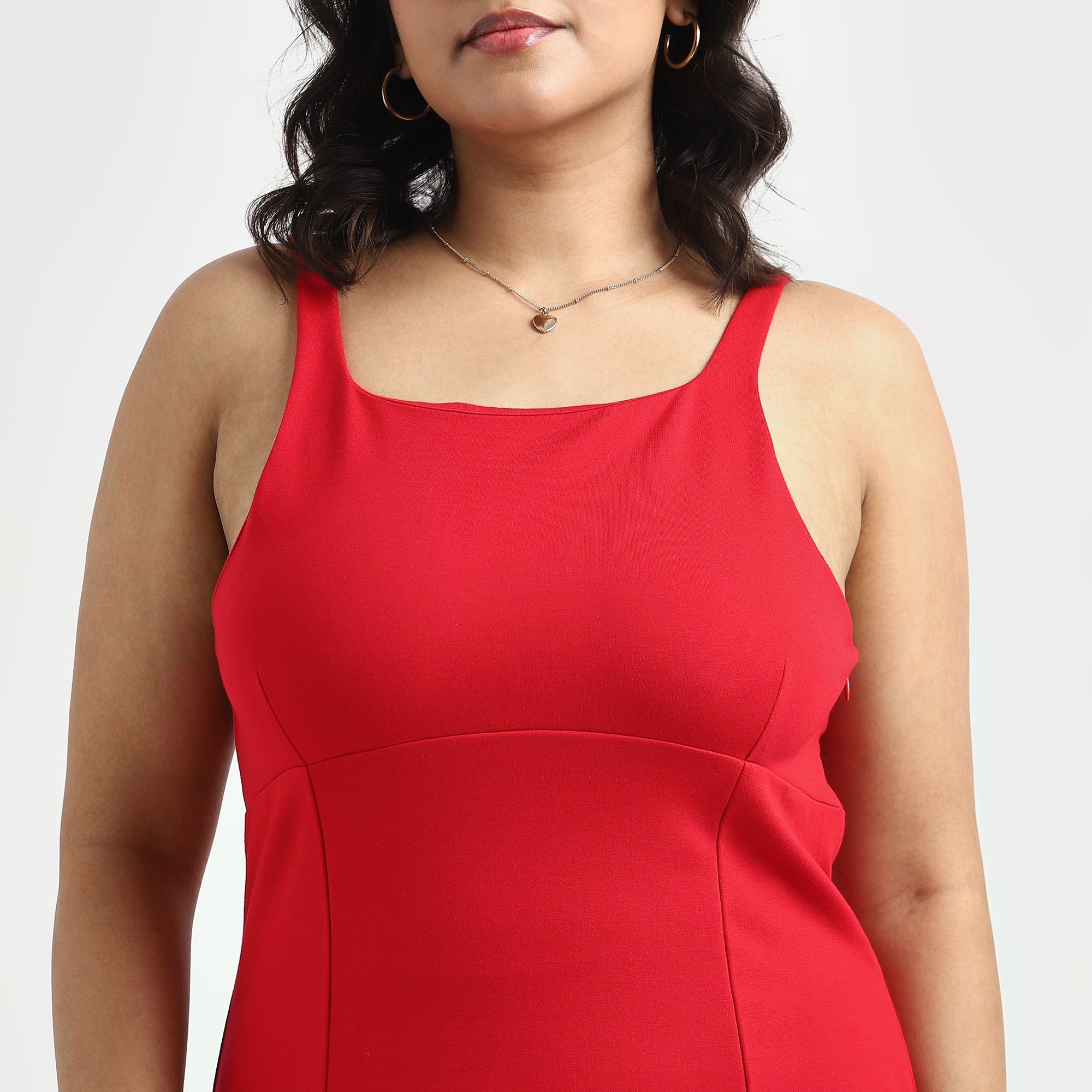 Red Square Neck 4-Way Stretch Fabric Skater Dress