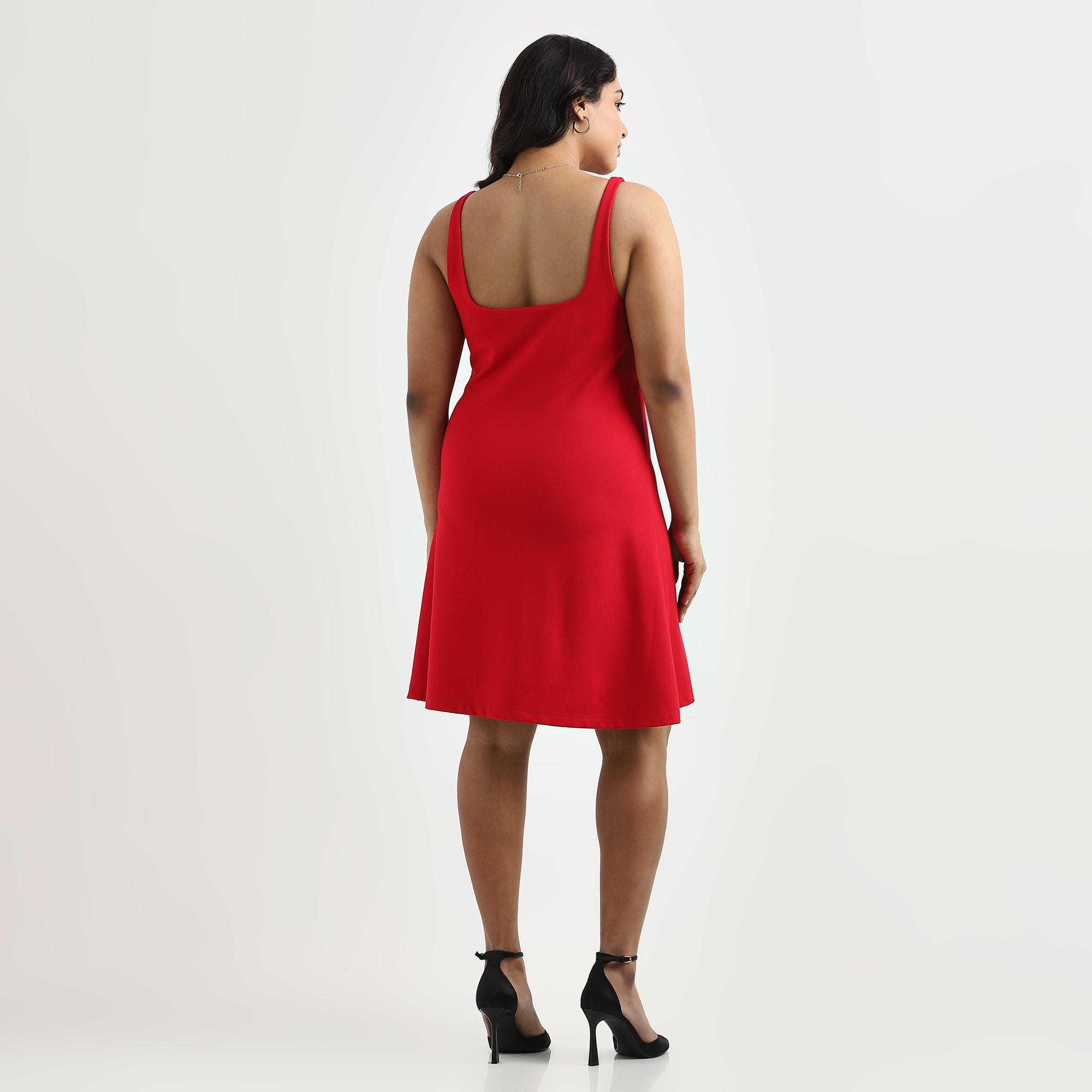 Red Square Neck 4-Way Stretch Fabric Skater Dress