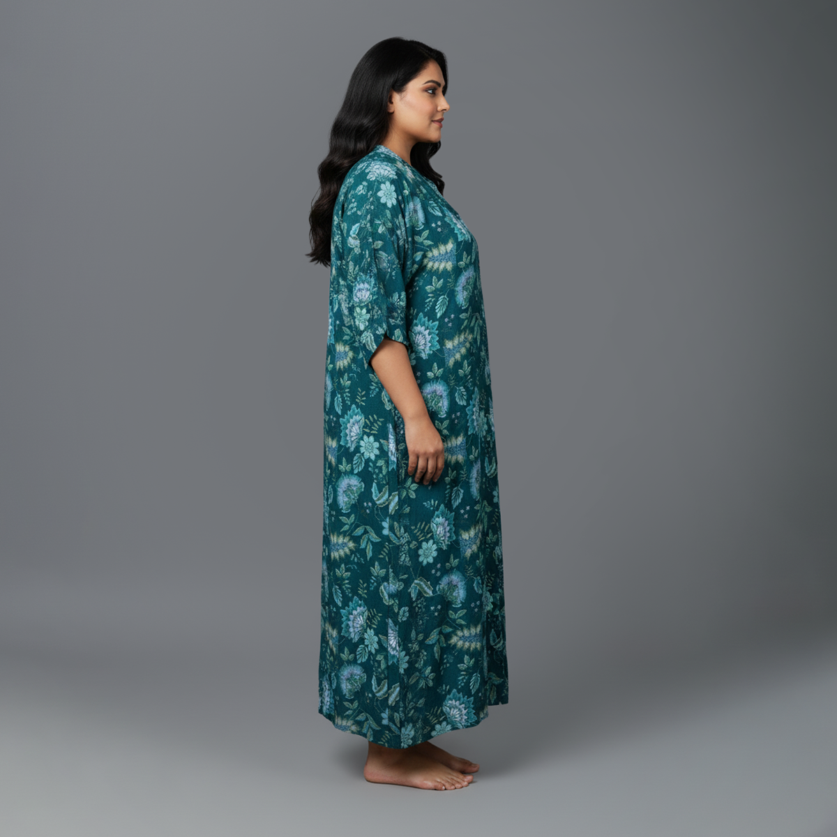 Teal Viscose Satin Floral Printed Nightdress