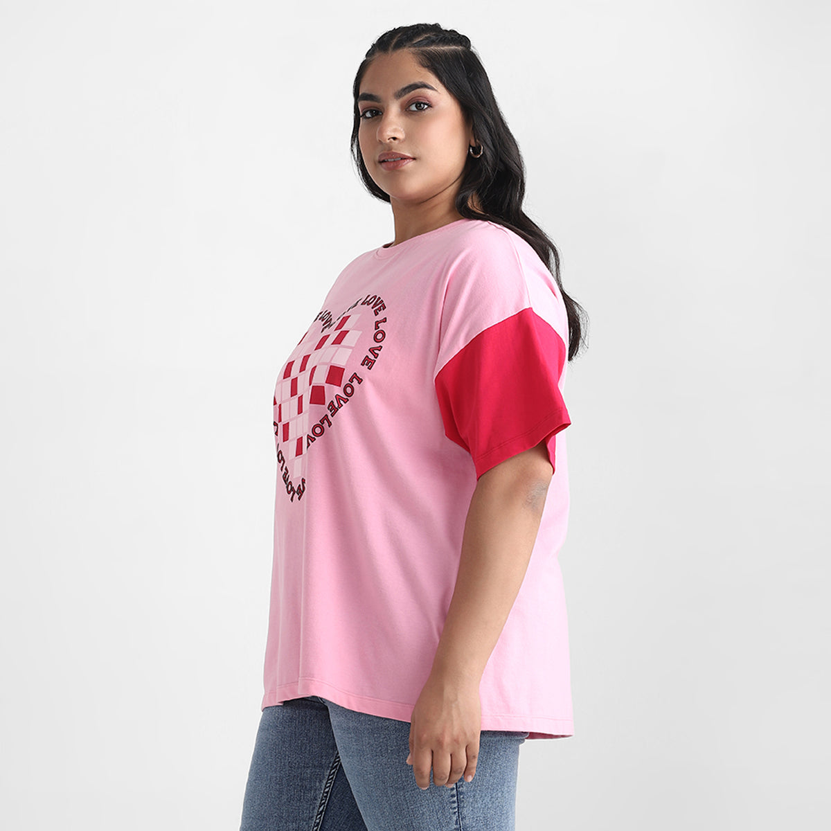 Pink Color Block Chest Print Cotton Tee