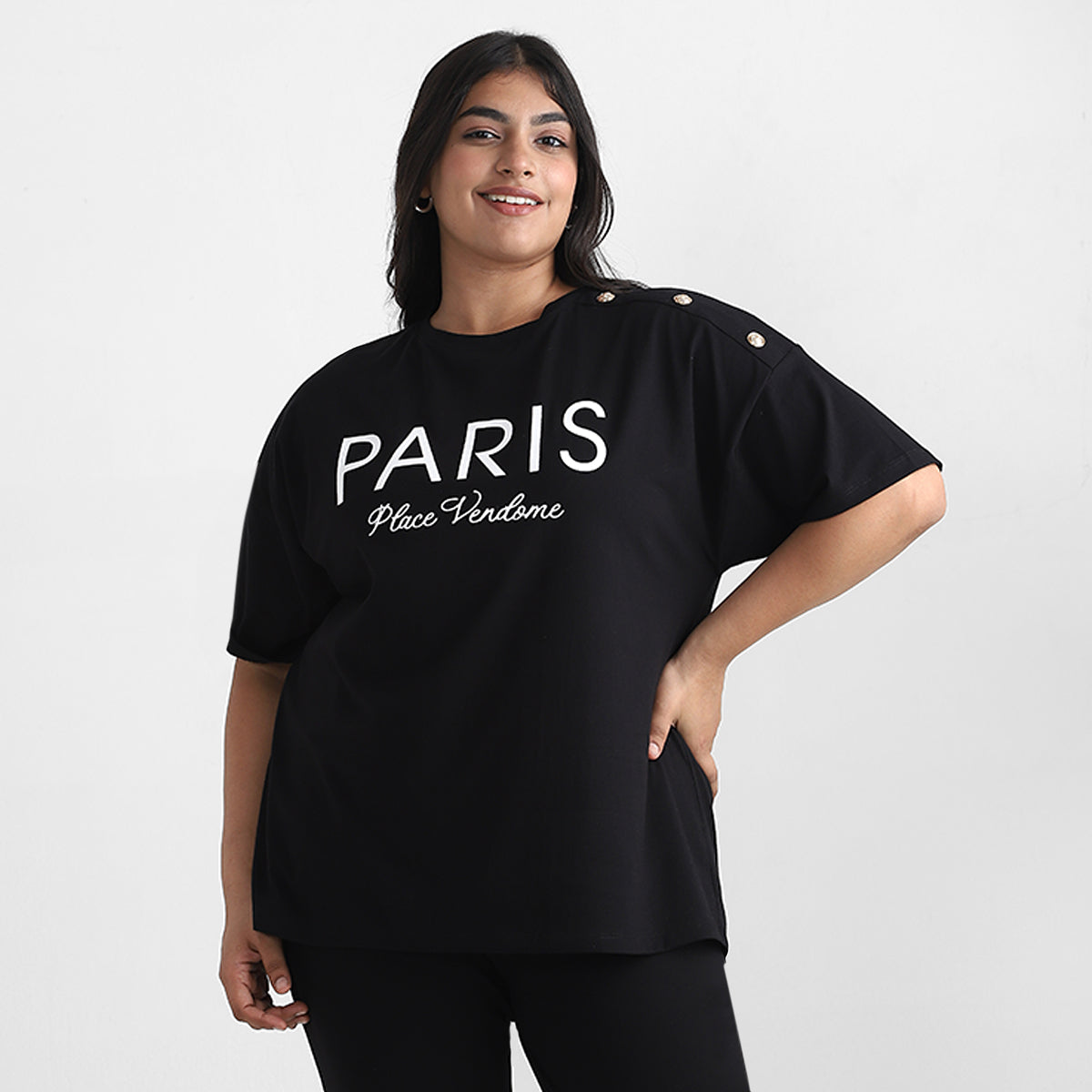 Black printed t-shirt, plus size casual wear