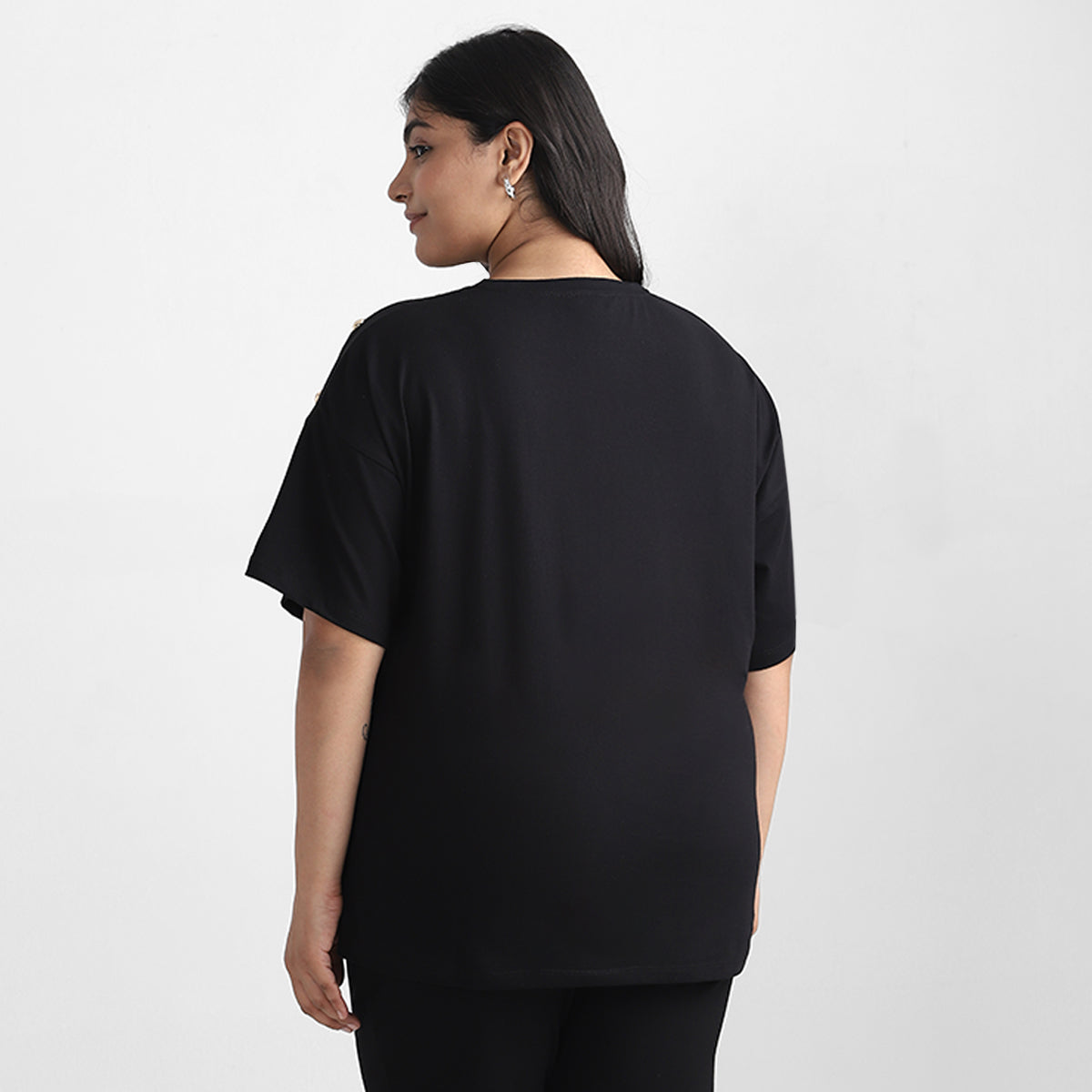 Plus size textured top with modern design back view, Calae plus size clothing