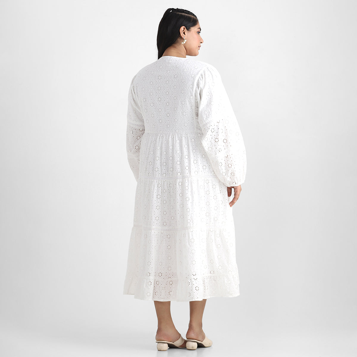 White Cutwork Schiffli Cotton Plus Size Dress