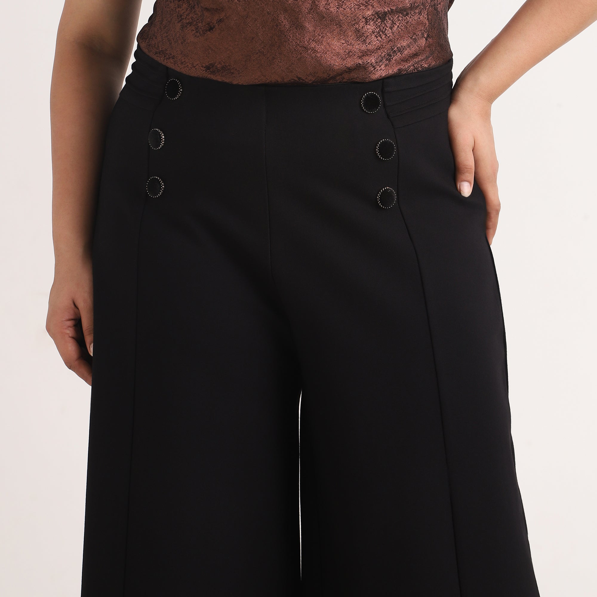 Black 4-Way Stretch Wide Leg Pants with Button Detail