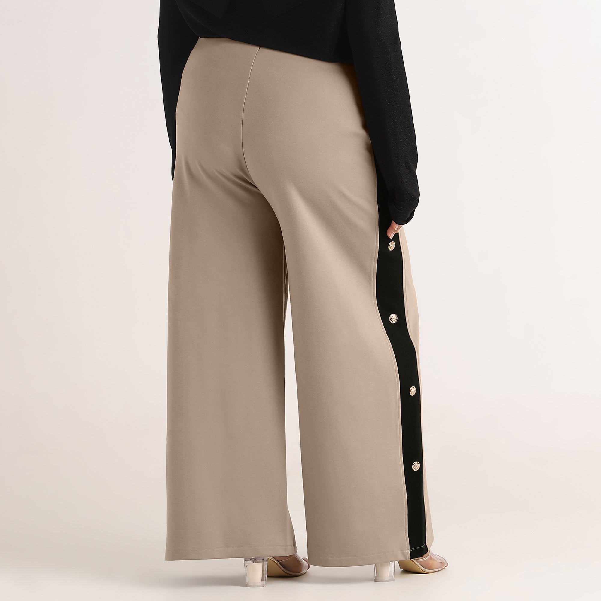 Beige 4-Way Stretch Wide Leg Pants with Contrast Detail & Buttons