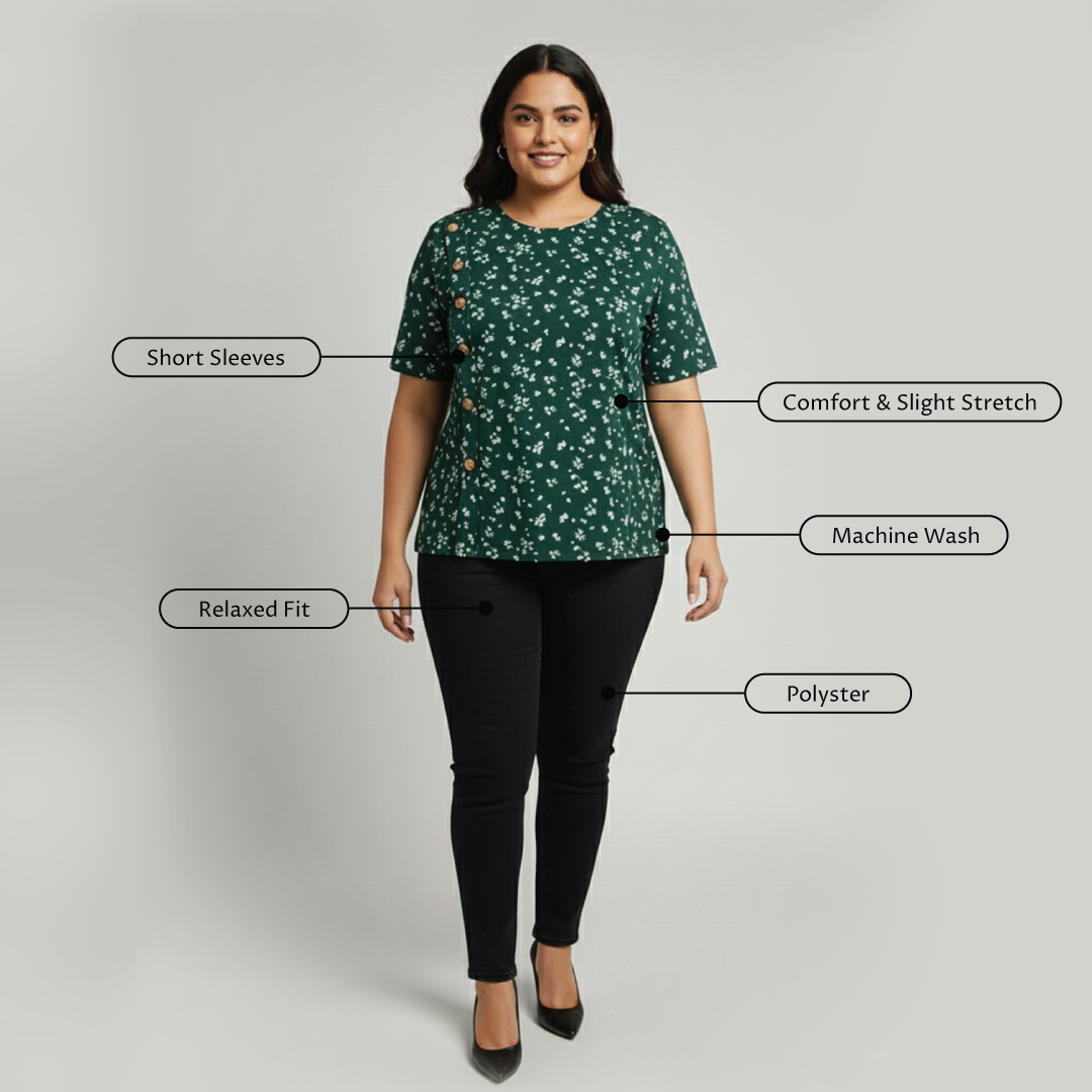 Woman wearing a green floral shirt with text labels on a gray background