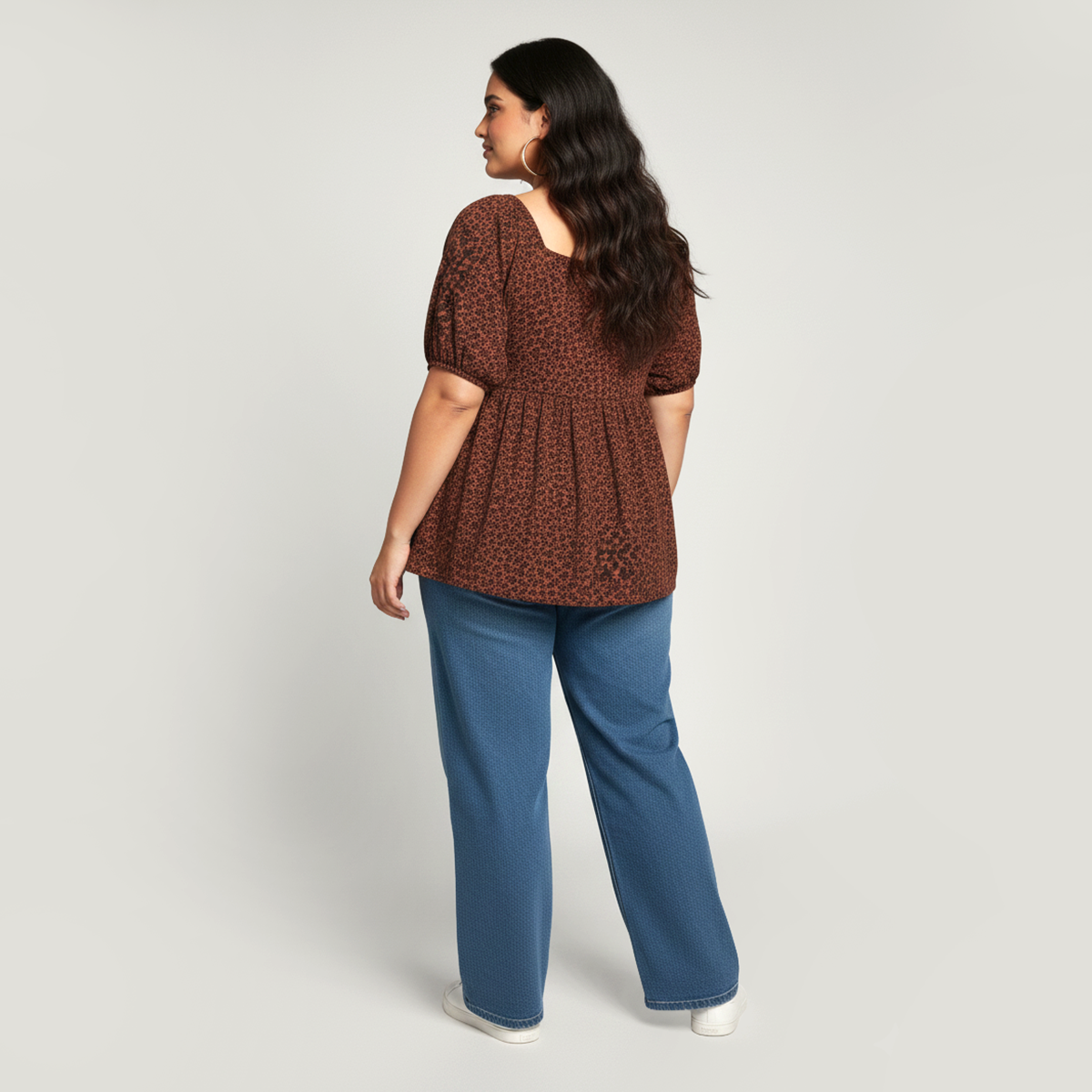 Brown Ditsy Floral Textured Knit Peplum Top