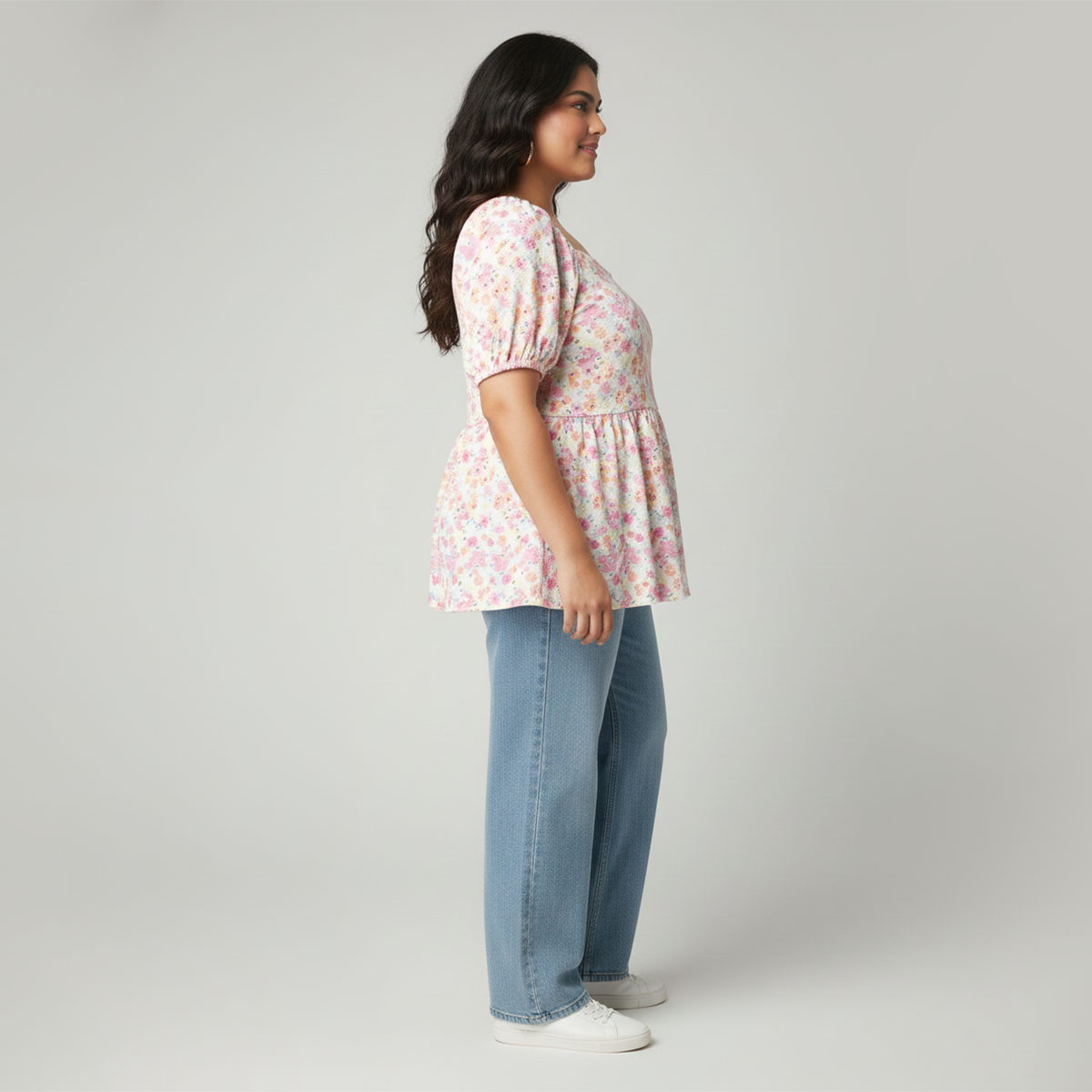 White Floral Textured Knit Peplum Top