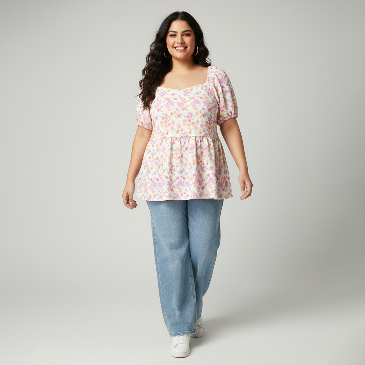 White Floral Textured Knit Peplum Top