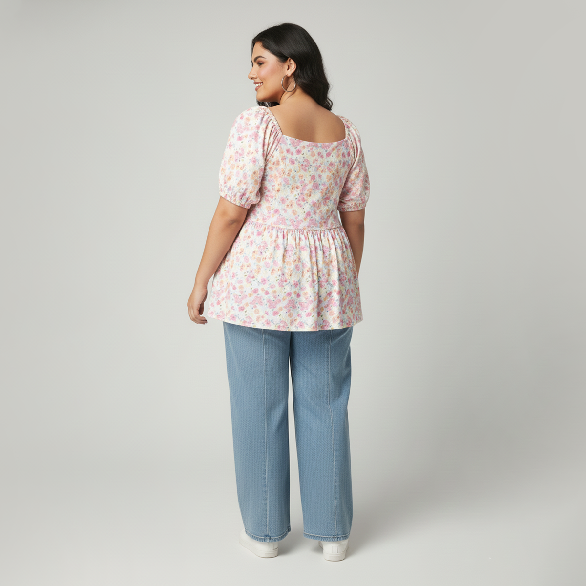 White Floral Textured Knit Peplum Top