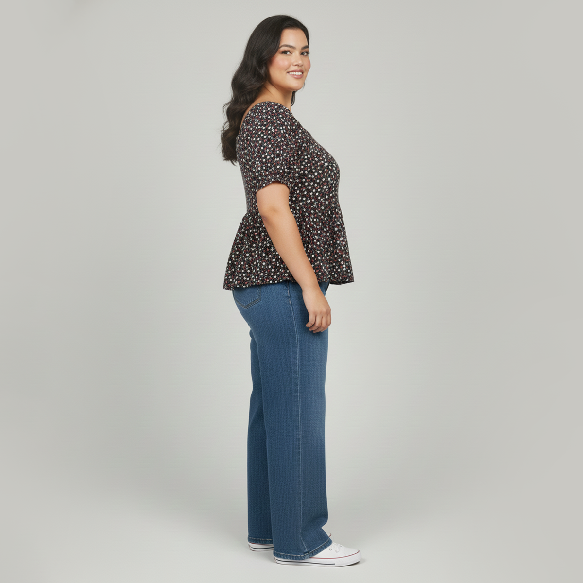 Black Floral Textured Knit Peplum Top