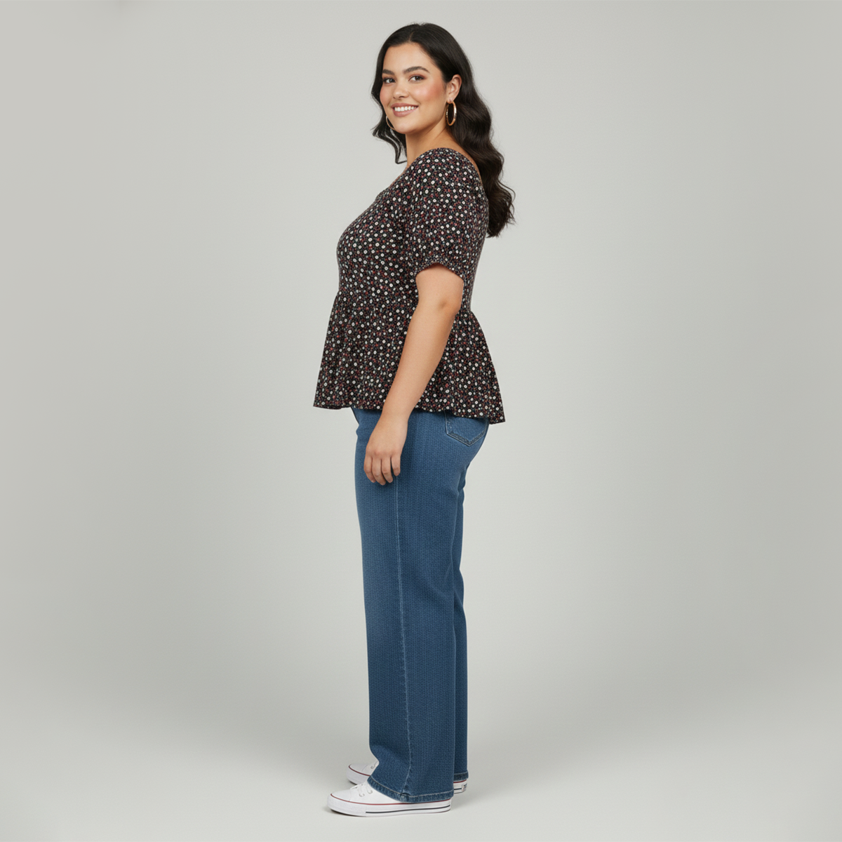 Black Floral Textured Knit Peplum Top