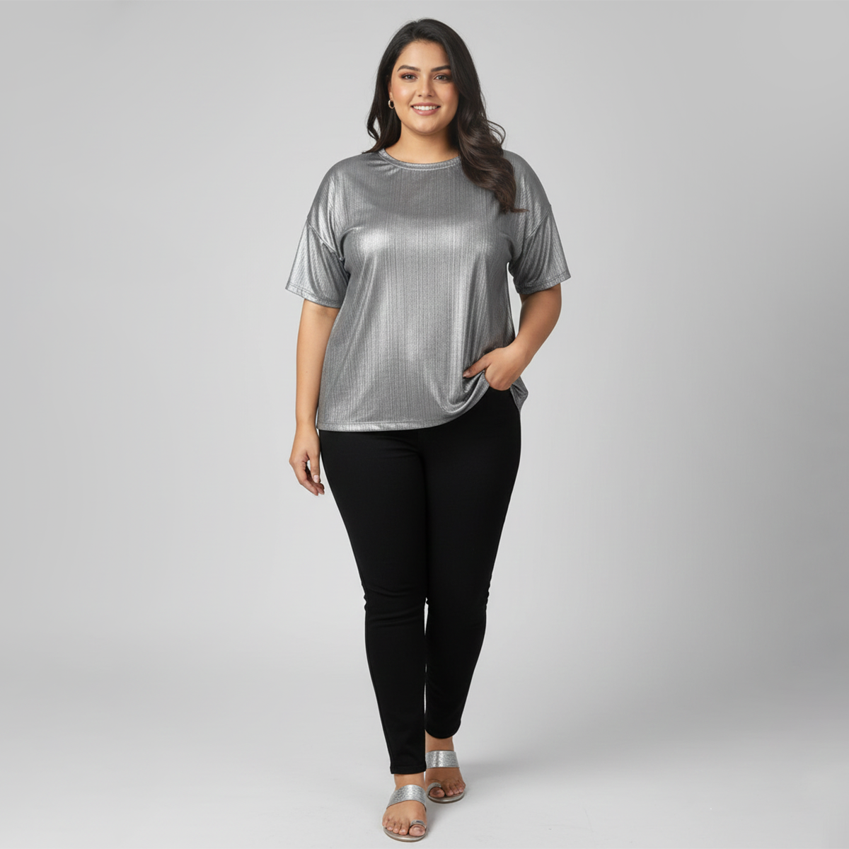 Silver Metallic Rib Drop-Shoulder Top
