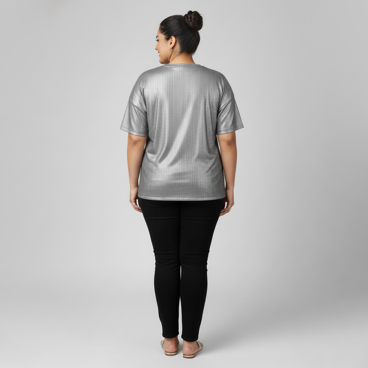 Silver Metallic Rib Drop-Shoulder Top