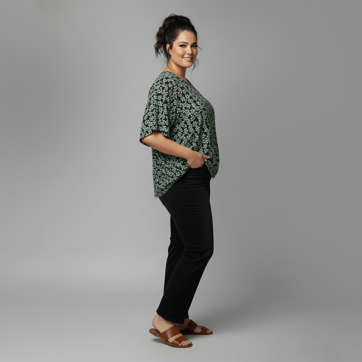 Black Floral Knit Drop-Shoulder Top