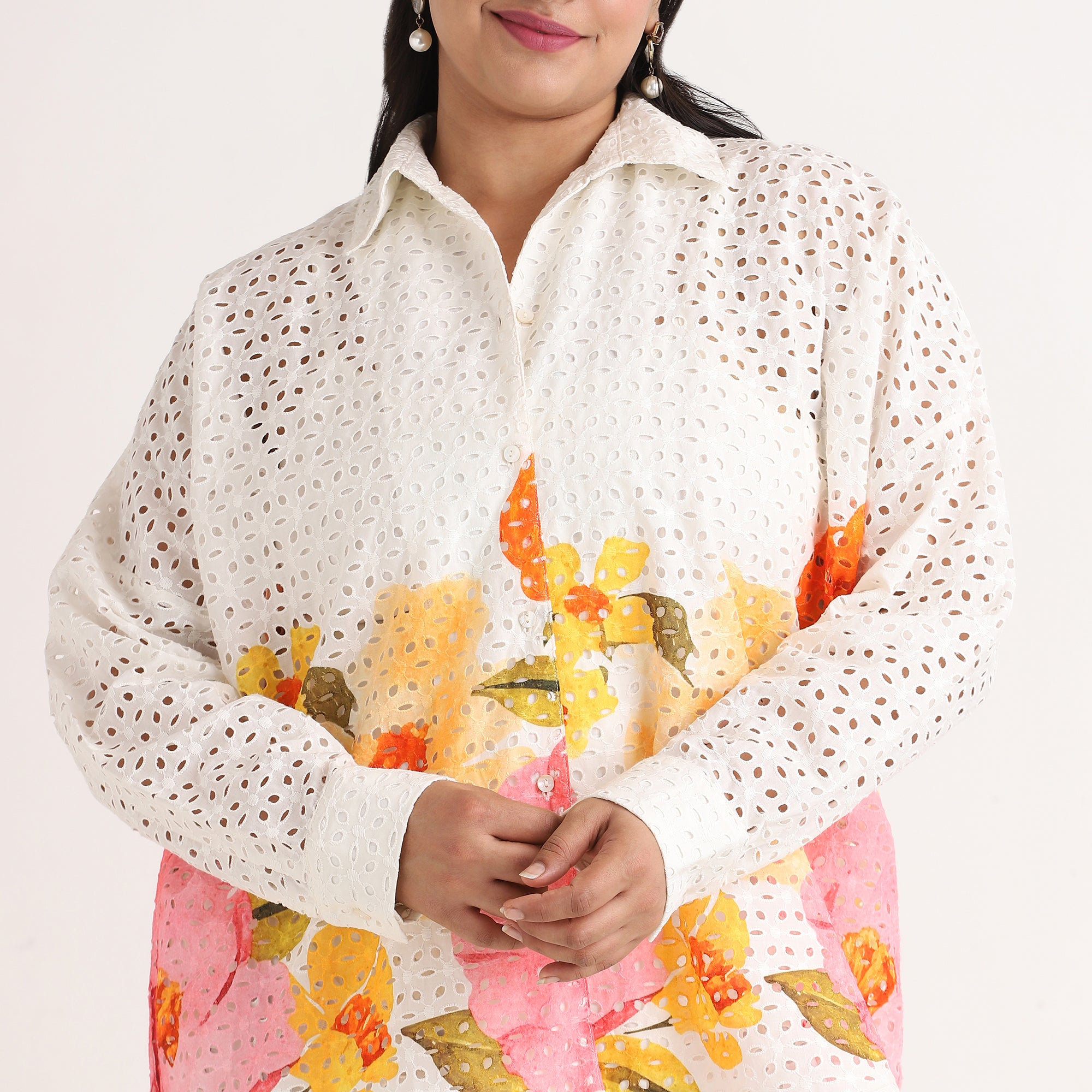 Floral Print Cutwork Embroidery Oversized Co-ord Set