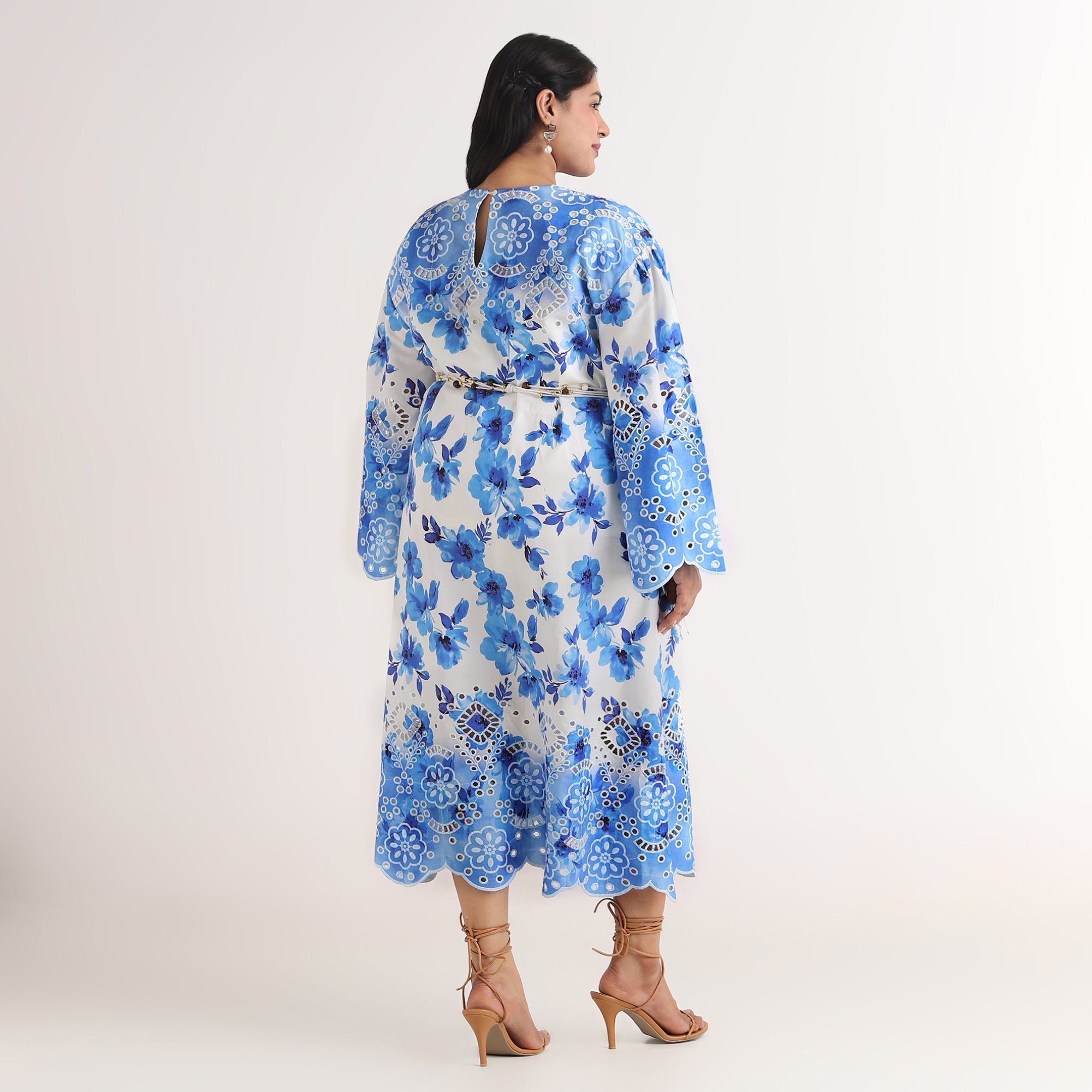 Blue Floral Print Cutwork Embroidery Poplin Maxi Dress