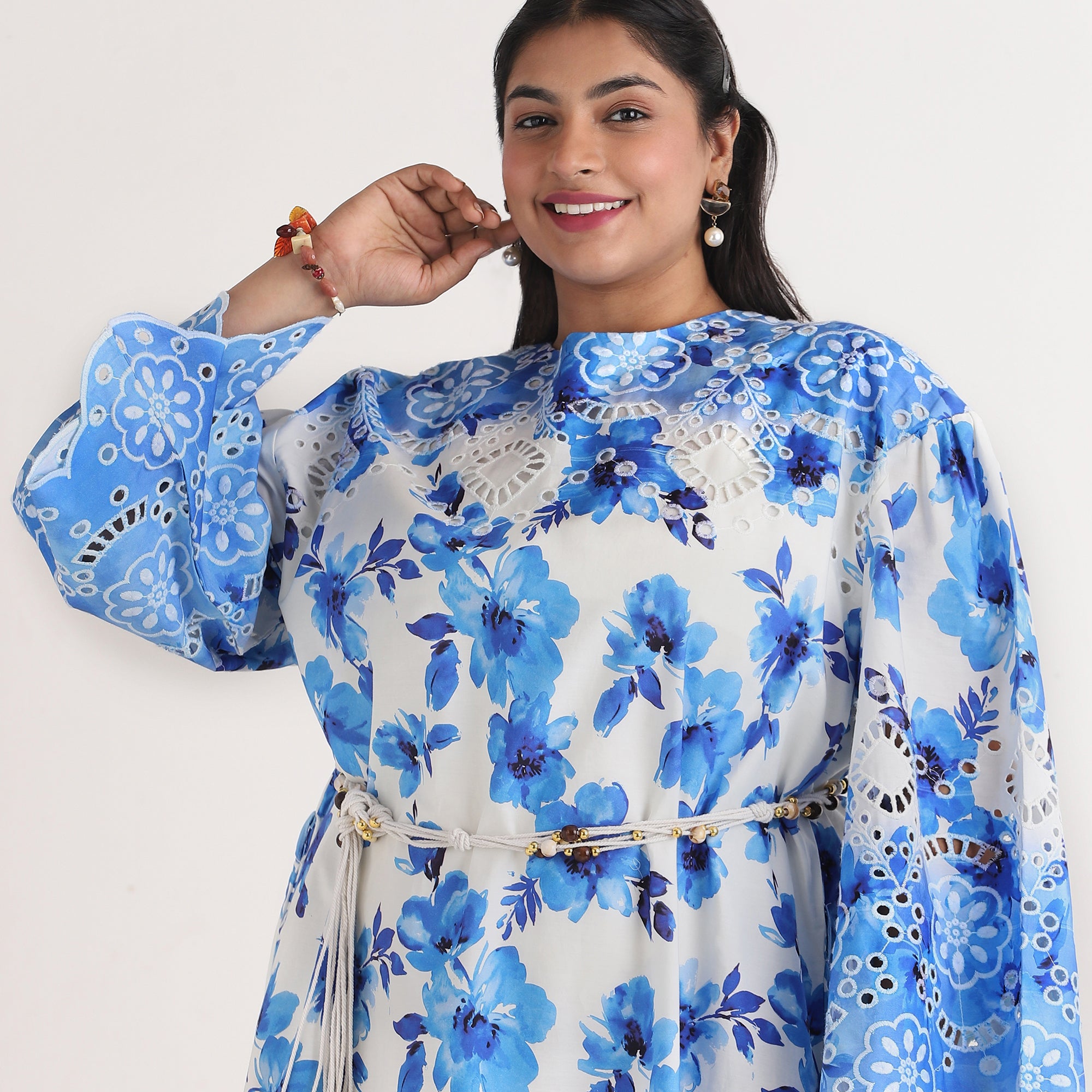 Blue Floral Print Cutwork Embroidery Poplin Maxi Dress