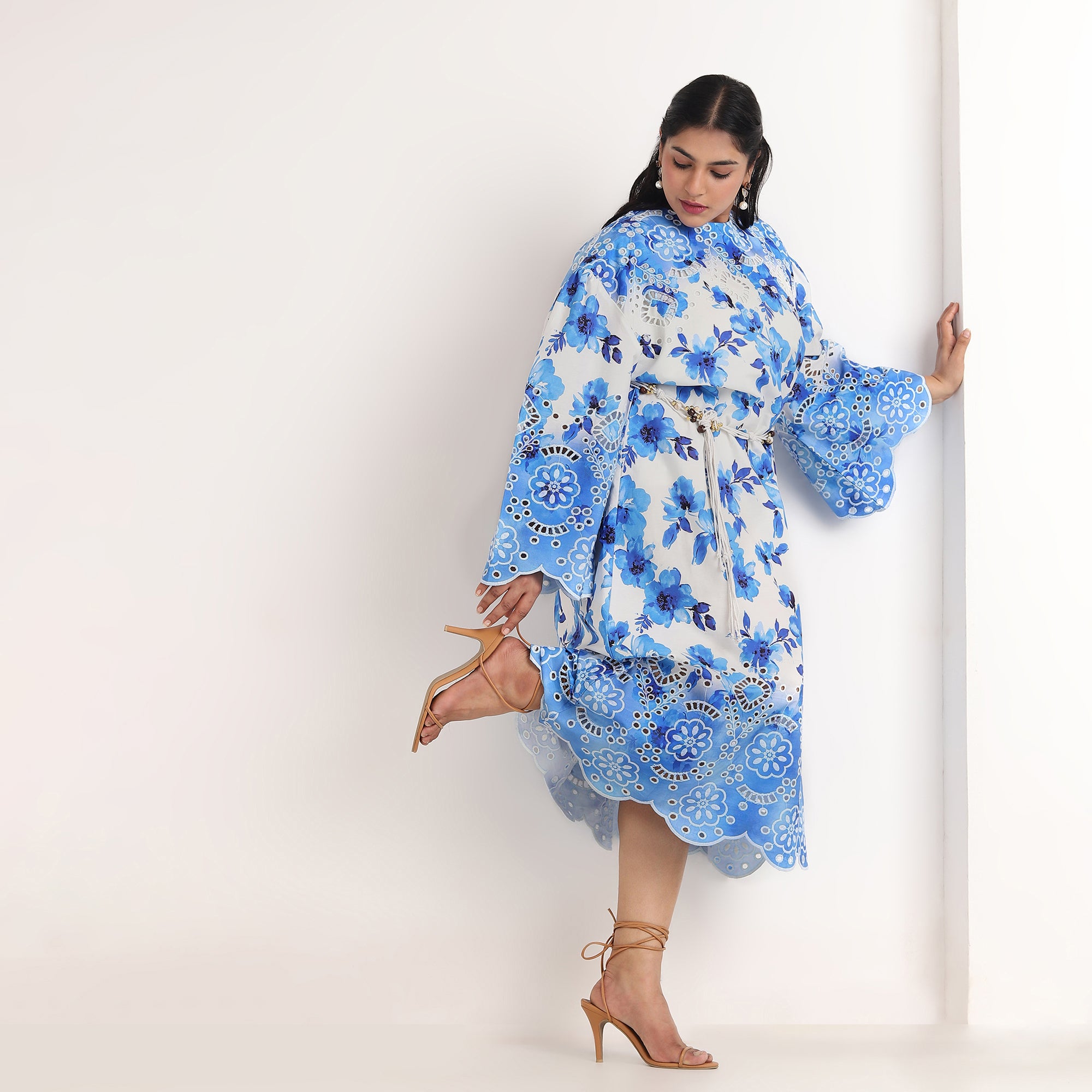 Blue Floral Print Cutwork Embroidery Poplin Maxi Dress