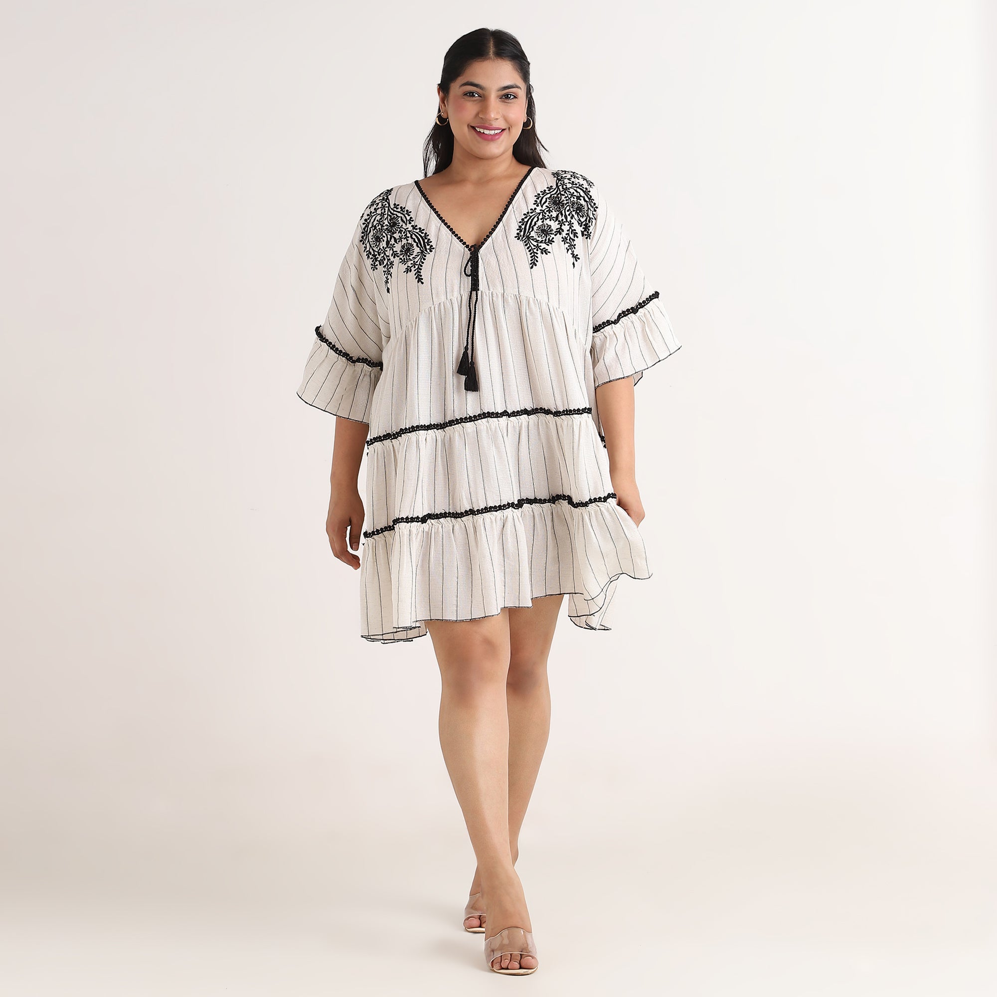 Beige With Lurex Stripe Embroidered Short Dress