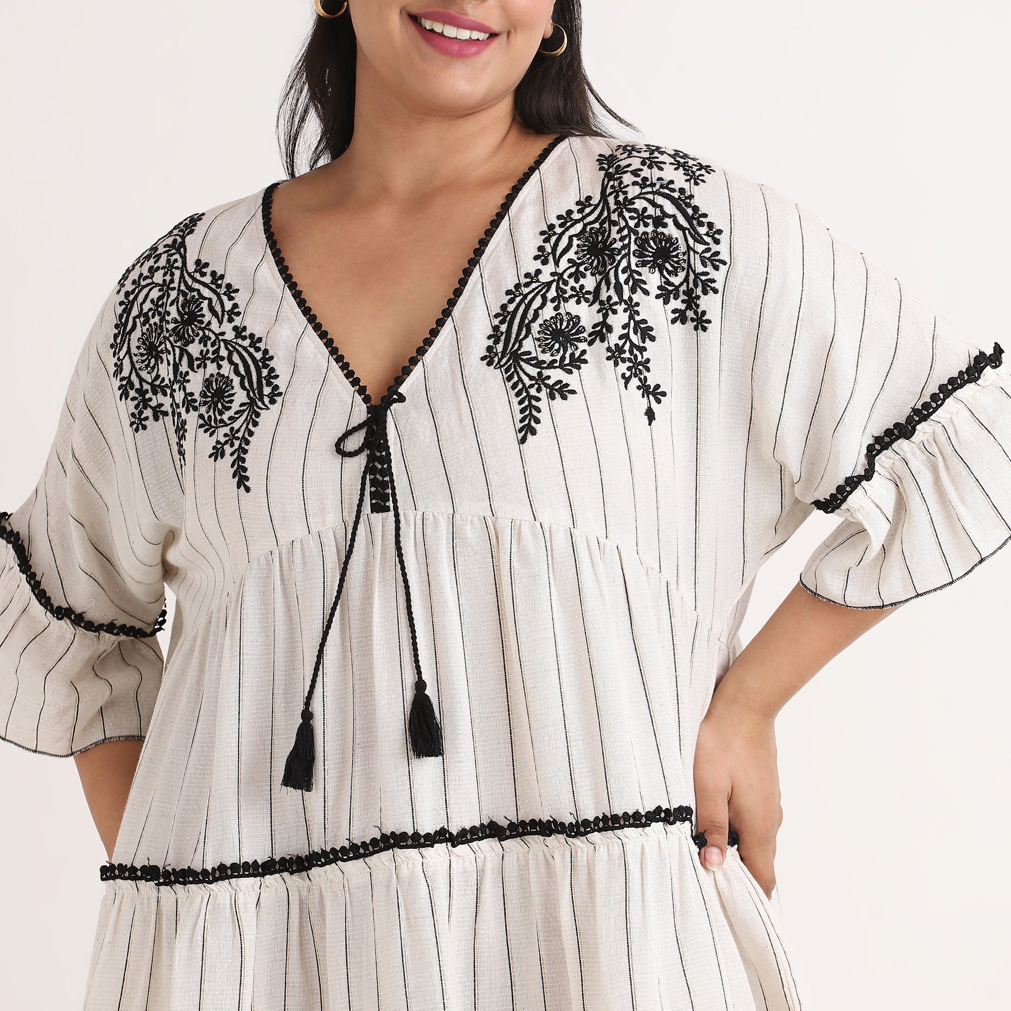 Beige With Lurex Stripe Embroidered Short Dress