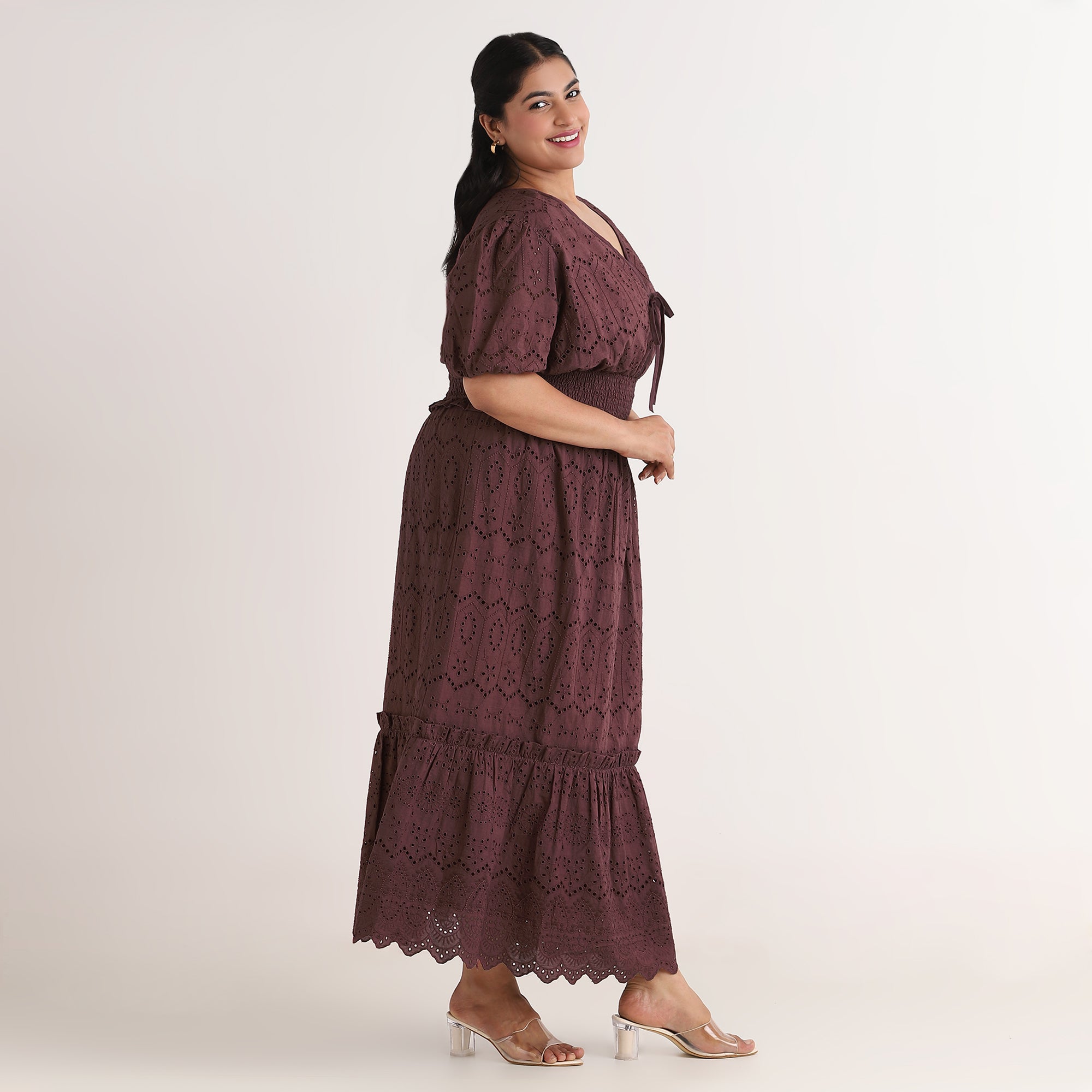 Brown Cutwork Embroidery Tiered Maxi Dress