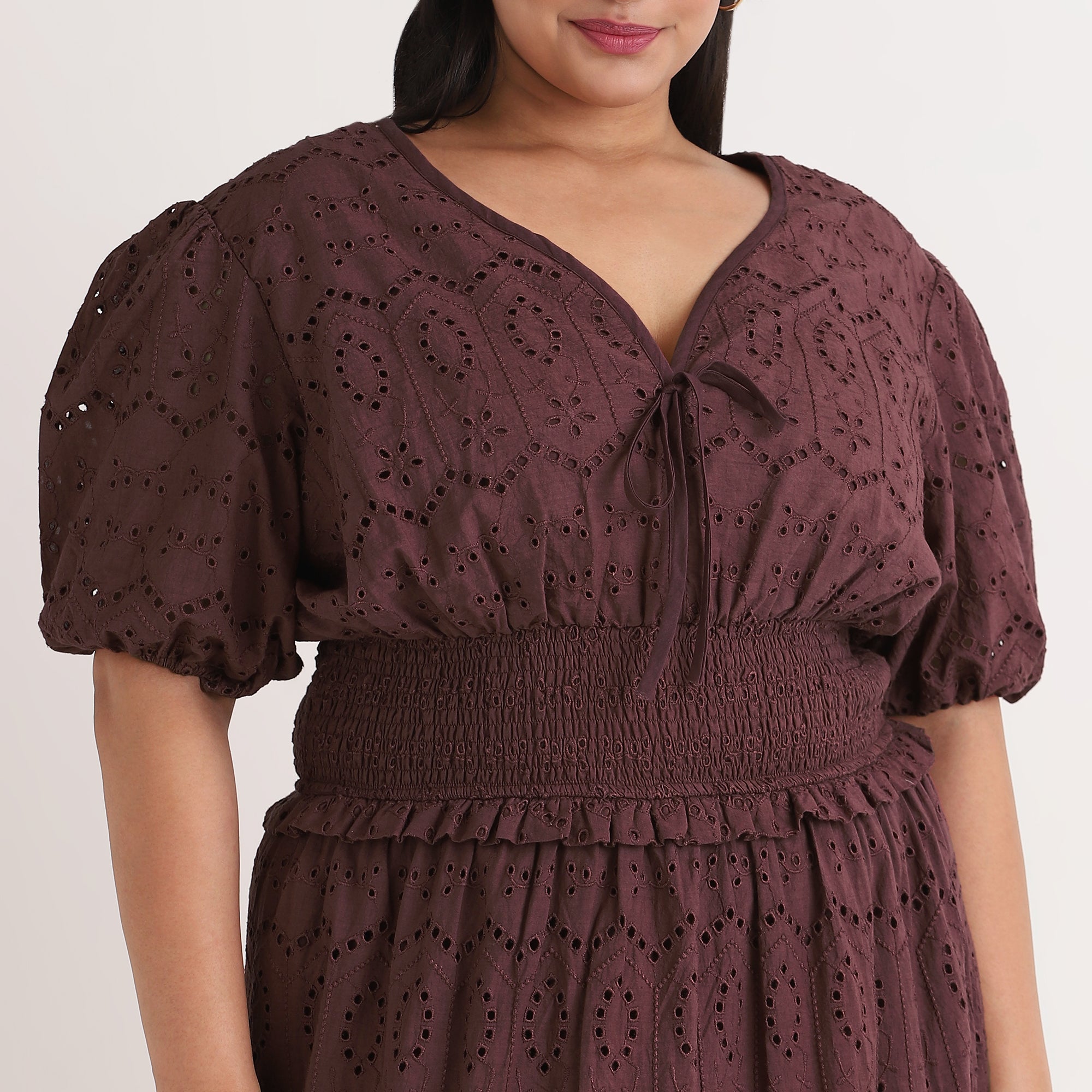 Brown Cutwork Embroidery Tiered Maxi Dress