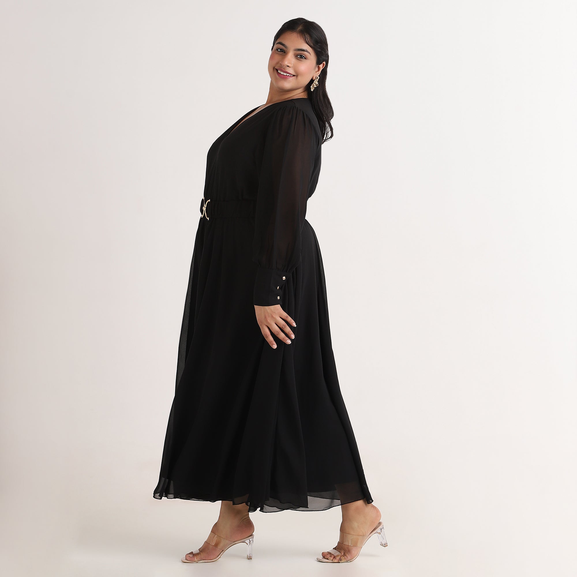 Black Georgette V-Neck Maxi Dress