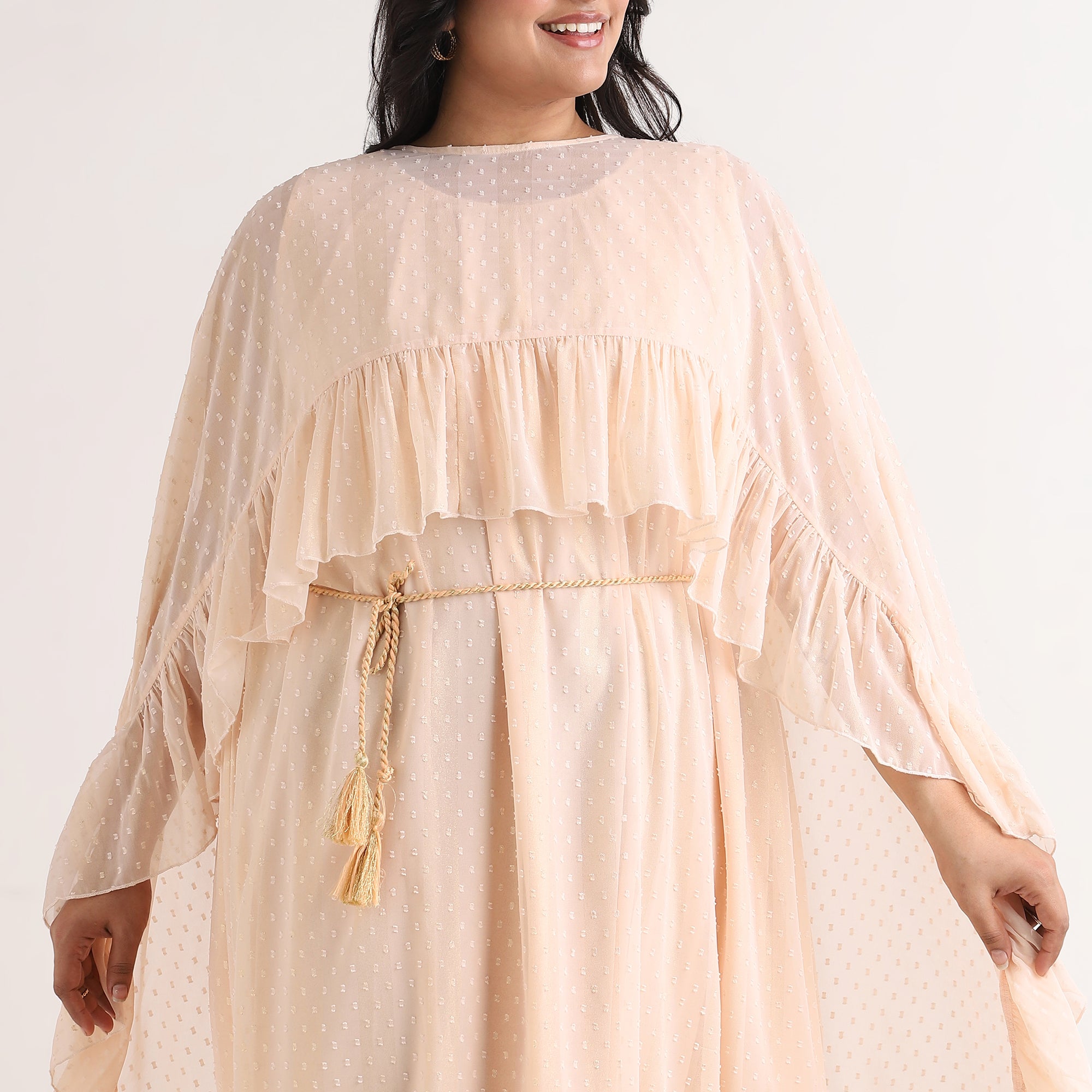 Peach Lurex Stripe Georgette Cape & Dress Set