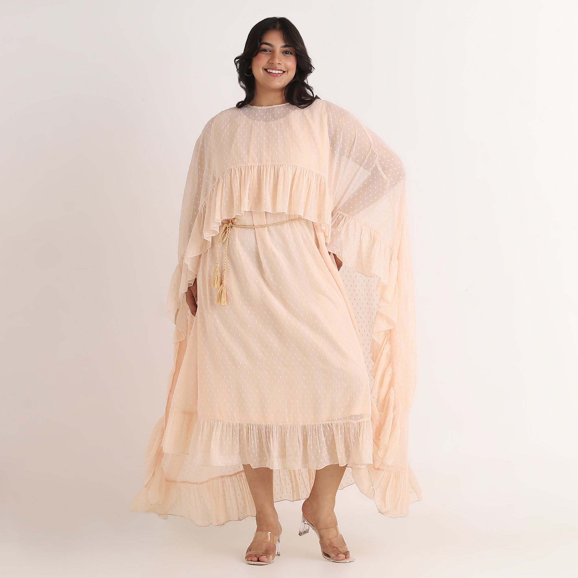 Peach Lurex Stripe Georgette Cape & Dress Set