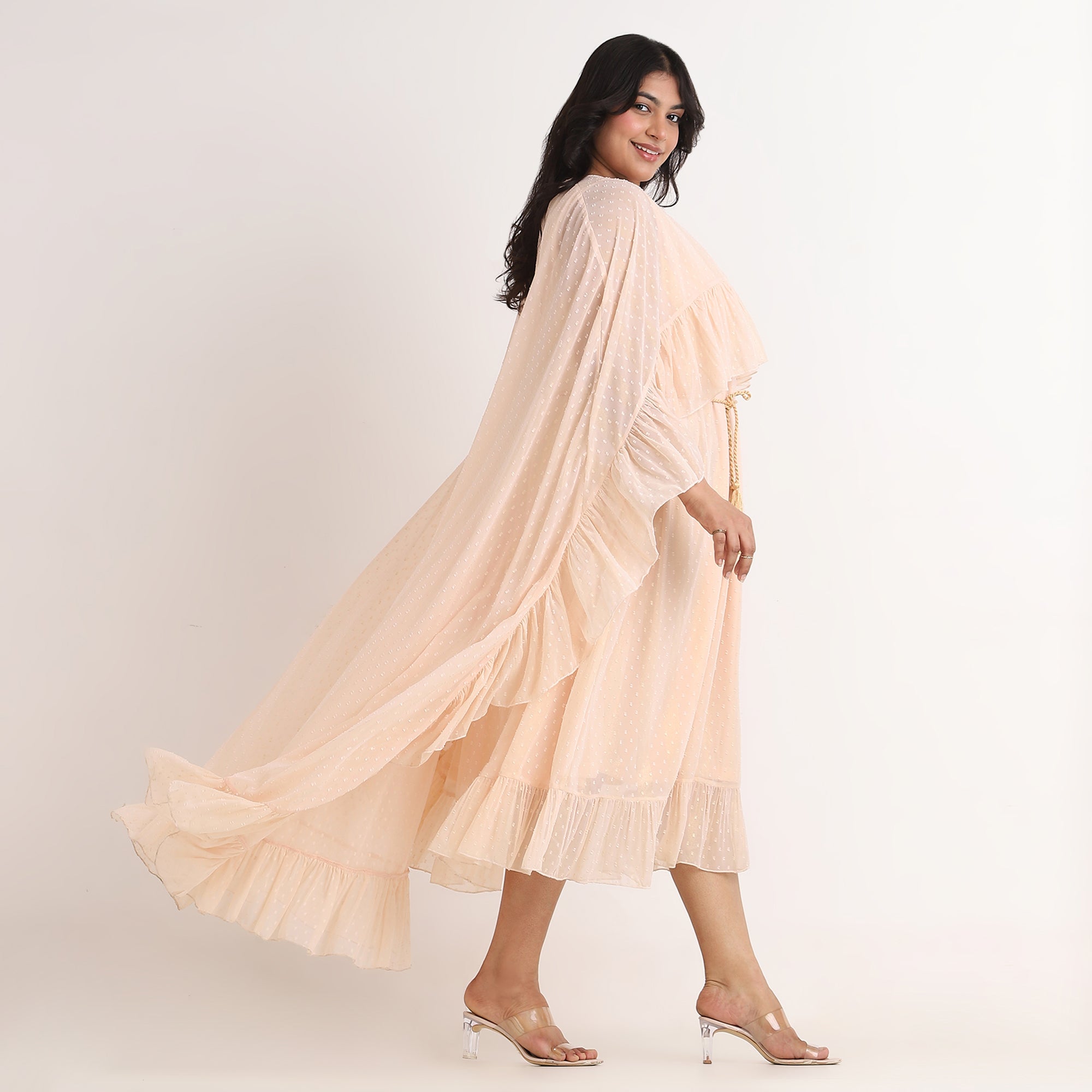 Peach Lurex Stripe Georgette Cape & Dress Set