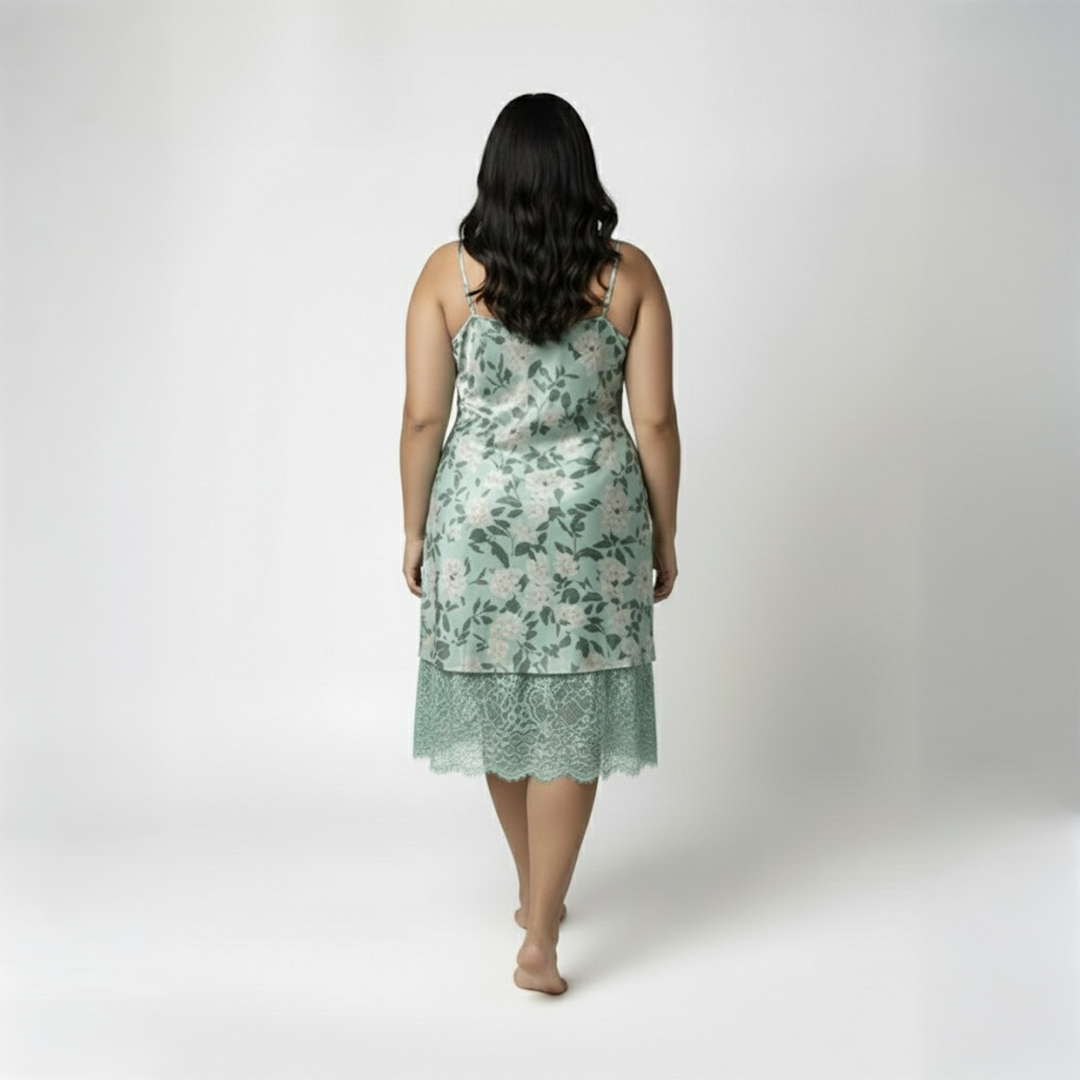 Light Green Printed Satin Cowl Slip Nightdress And Robe Set