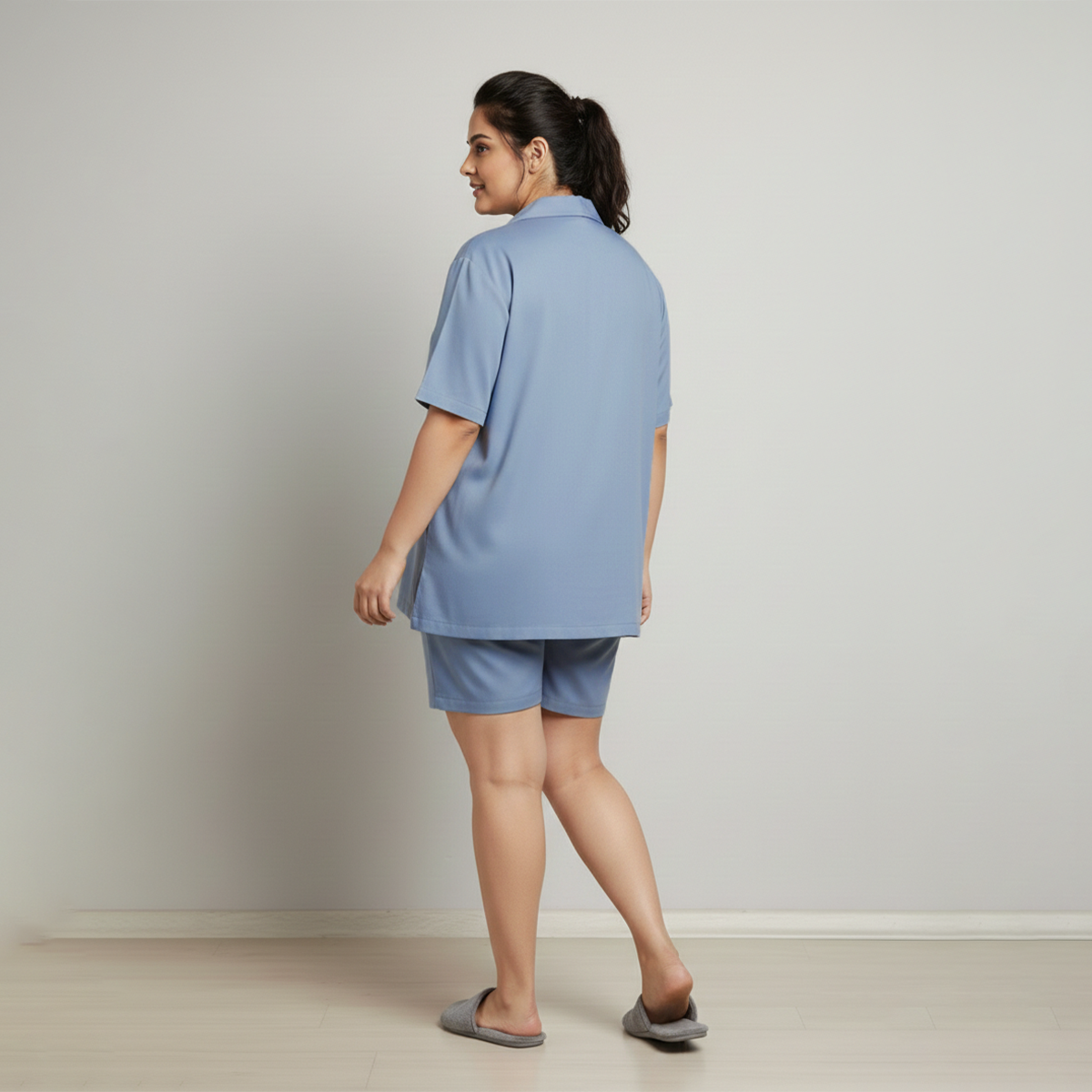 Blue Solid Short Sleeve Rayon Nightwear Set