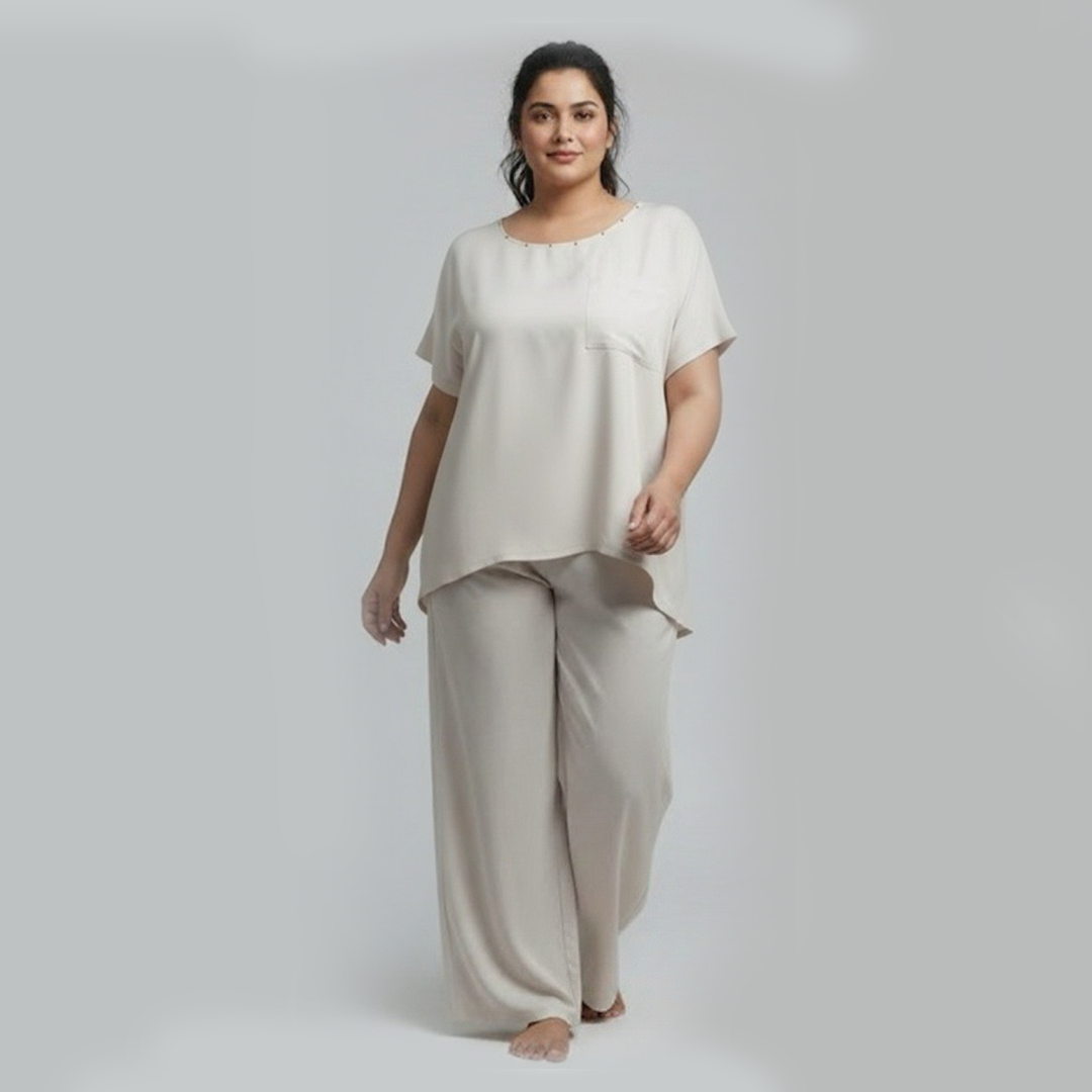 Beige Round Neck PJ Set with Rhinestone Detail