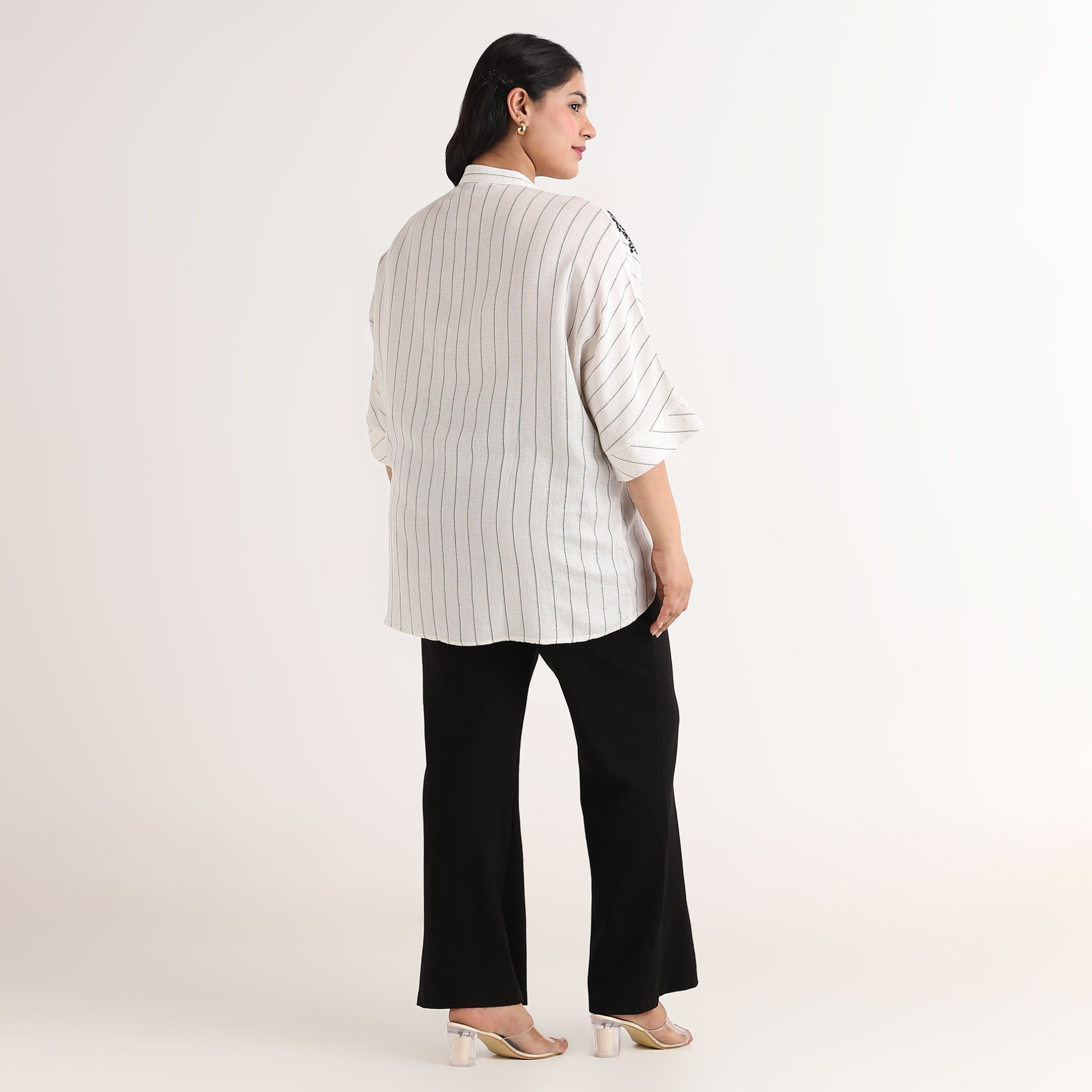 Beige with Lurex Stripe Embroidered Oversized Shirt