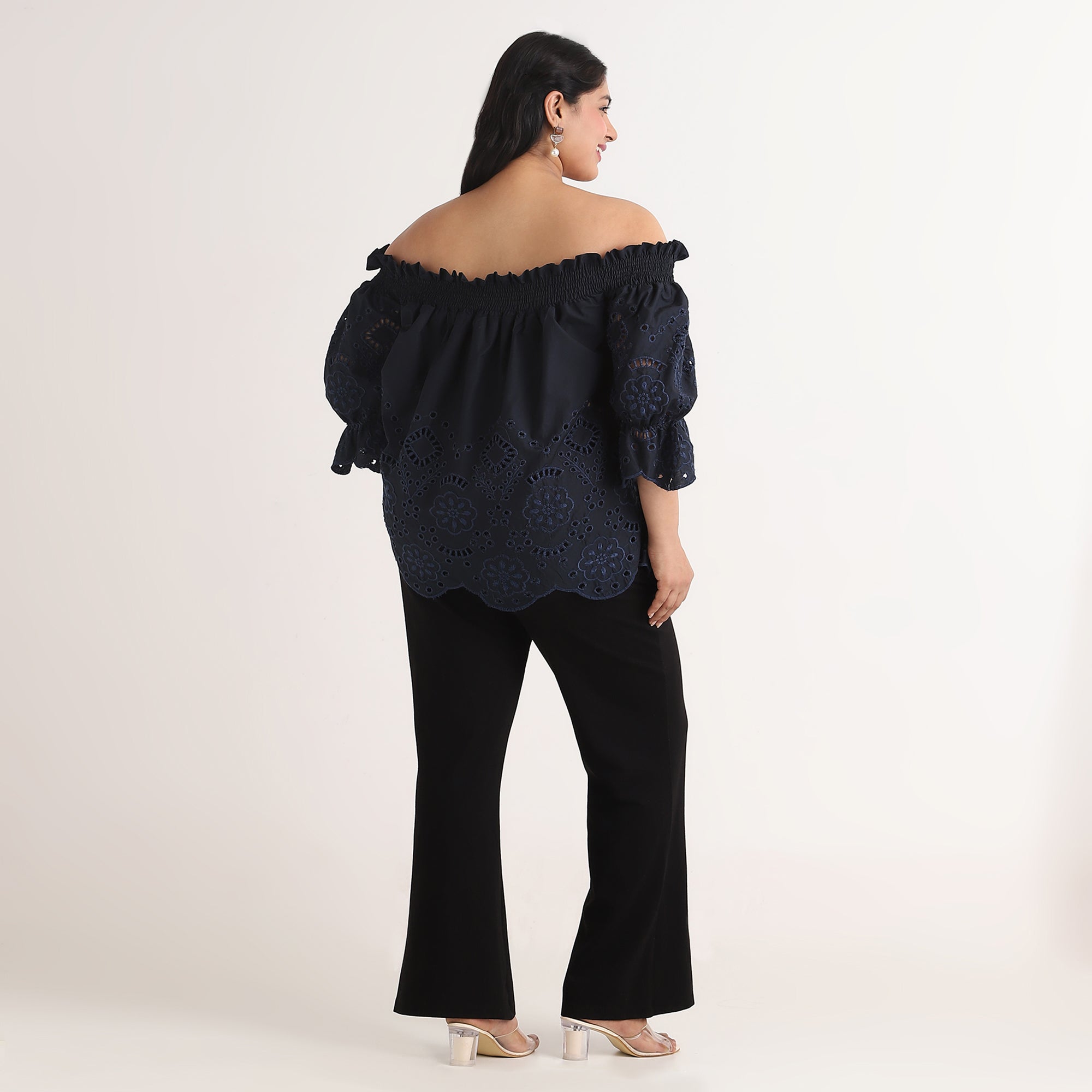 Navy Off-Shoulder Top with Cutwork Embroidery
