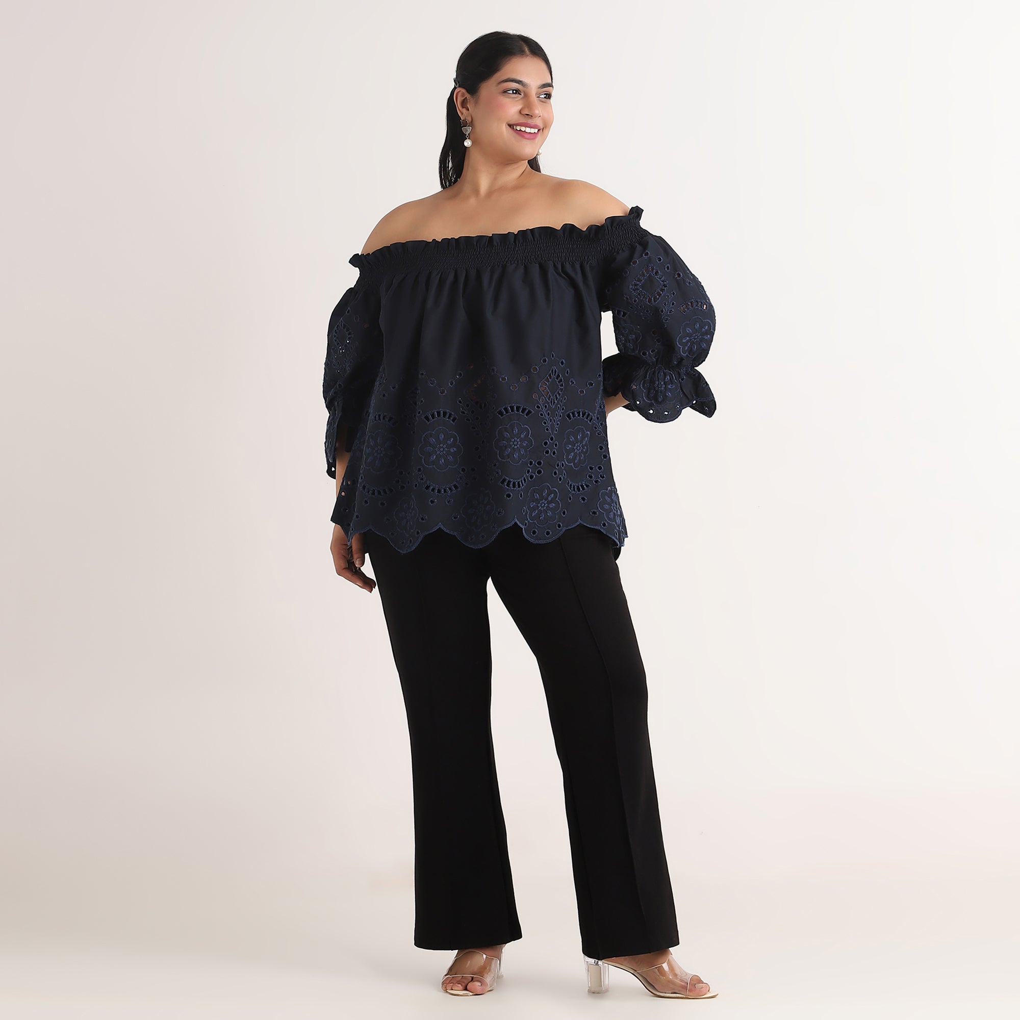 Navy Off-Shoulder Top with Cutwork Embroidery