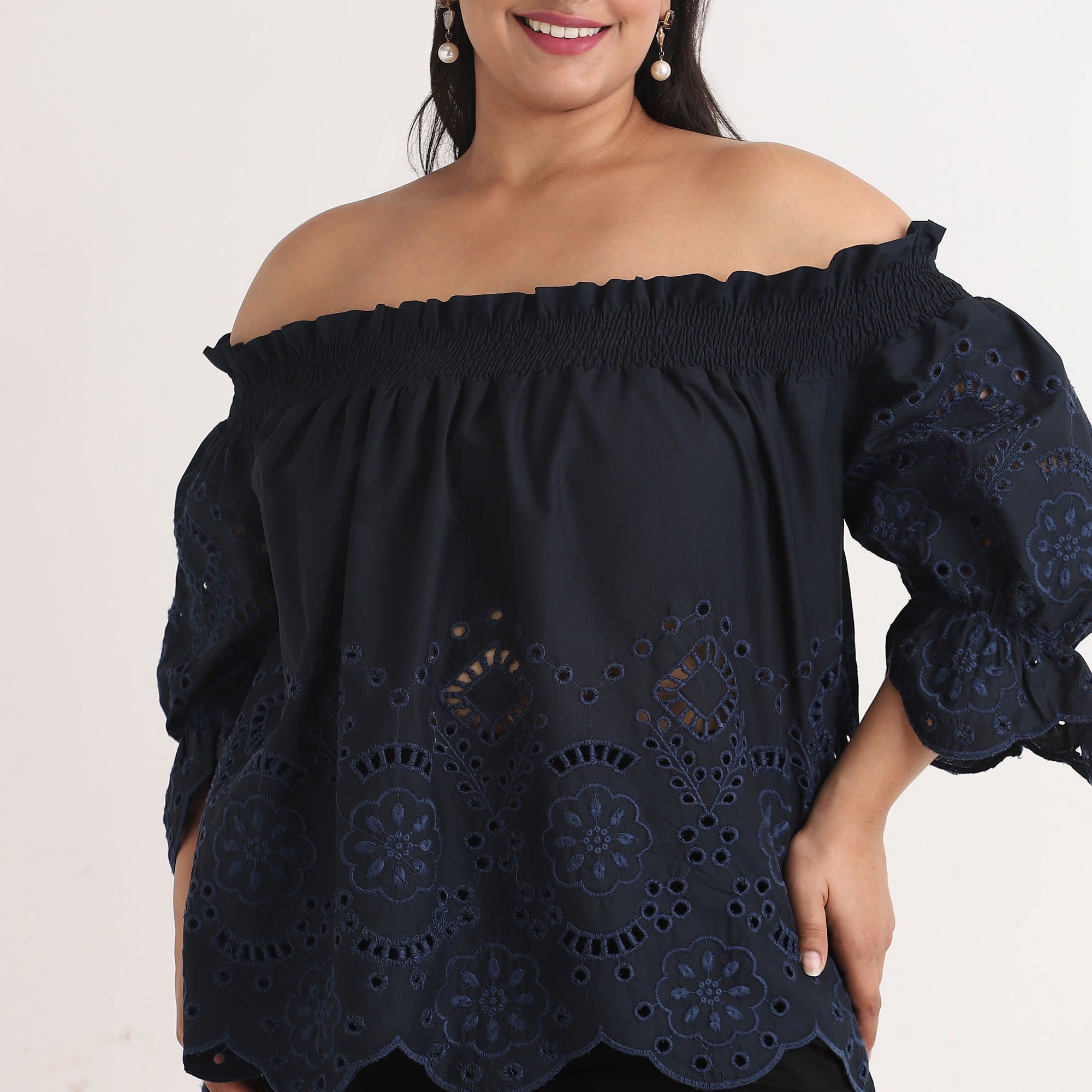 Navy Off-Shoulder Top with Cutwork Embroidery